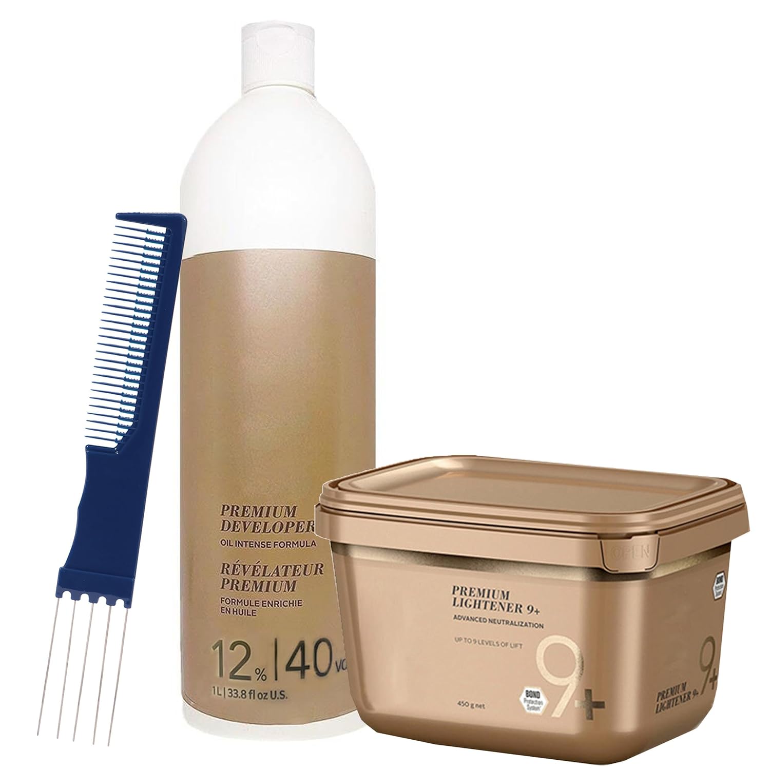 BlondeMe Lightener 9+ Premium Bleach 450 grams, Blonde Me Developer 12% / 40Vol 1 Liter with Dual Purpose Comb