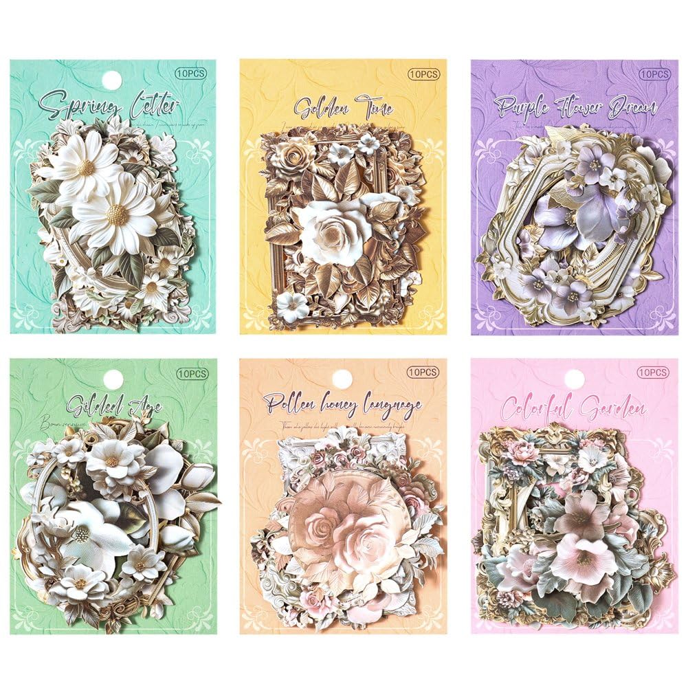 Sslvya 6 Sets Vintage Flowers Decorative Frame Stickers for Scrapbooking Journaling Scrapbook Aesthetic Sticker Diy Craft Junk Journal Supplies