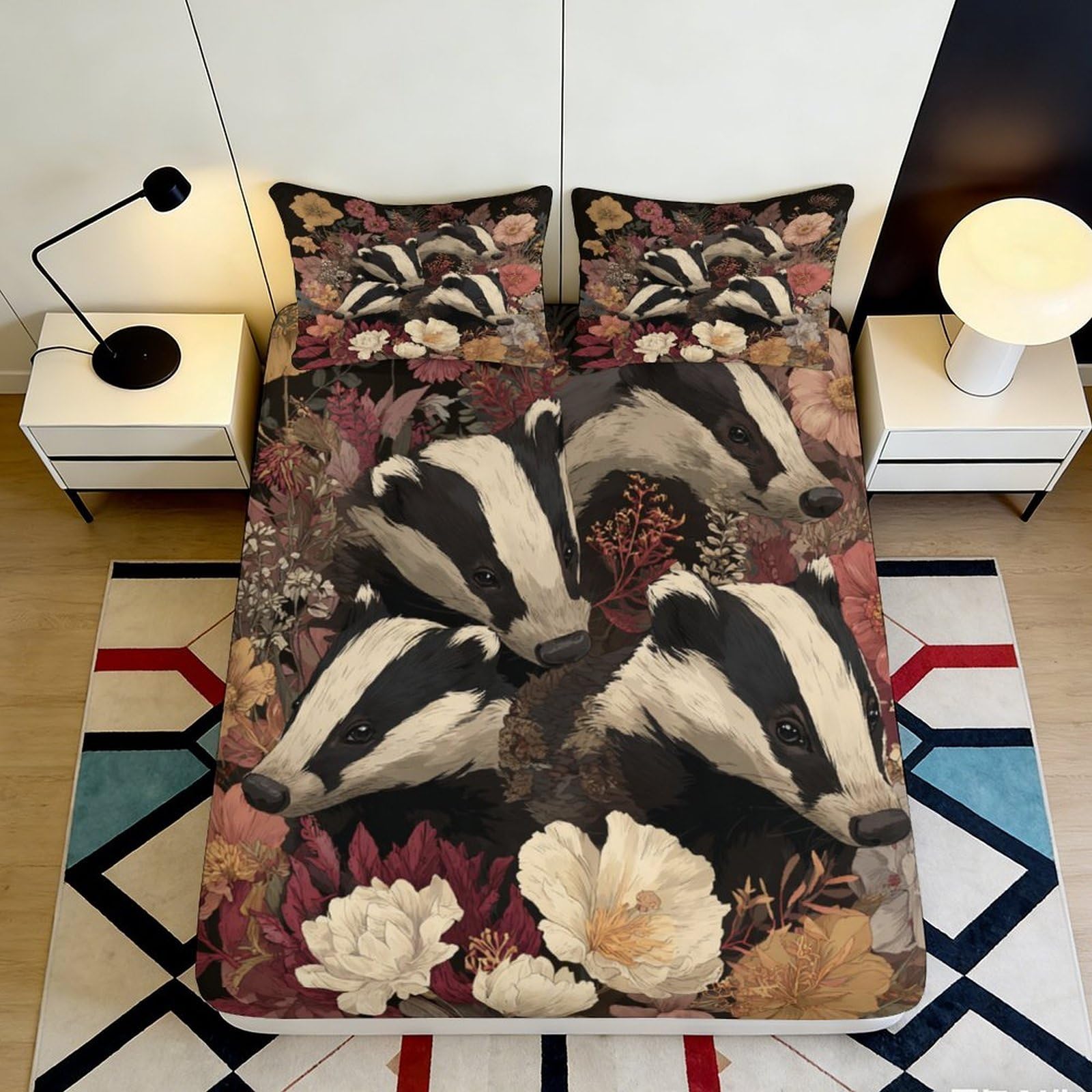 3D Printed Badger Floral Fitted Sheet Microfiber Anti-Slip Mattress Cover for Bedroom Dorm Room Decor Washable 90x200x25cm