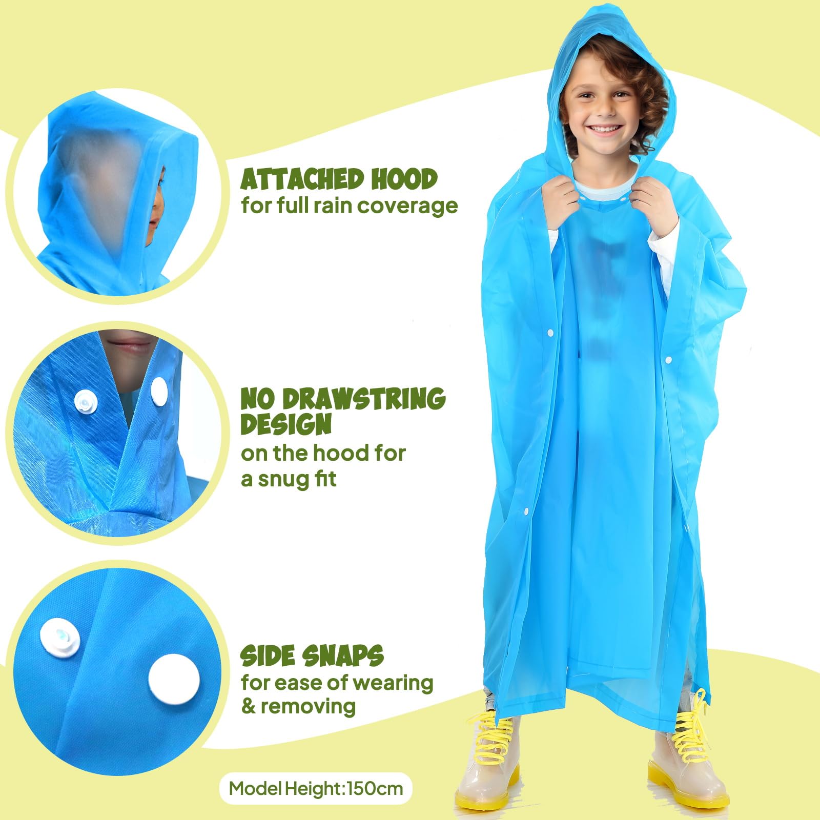 ANYOO Poncho de lluvia impermeable para niños y niñas, paquete de 2 capas de lluvia ligeras de PEVA con capucha grande para niños de altura de 100 a 150 cm