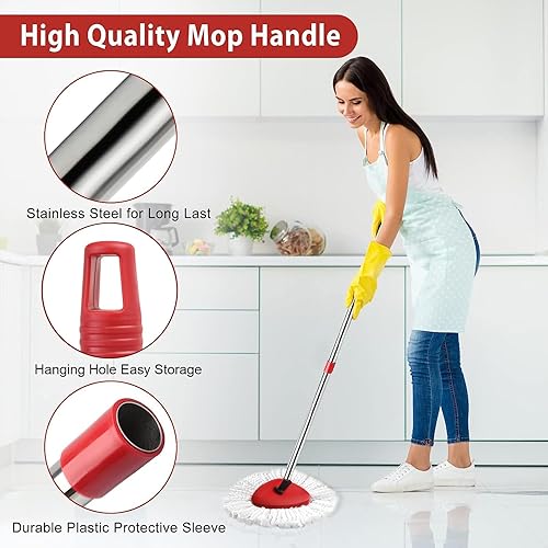 Miniatura 5 de Juego de 2 cabezales de repuesto para trapeador giratorio, 1 base, 1 mango de trapeador (30-58 pulgadas), juego combinado de trapeadores compatibles