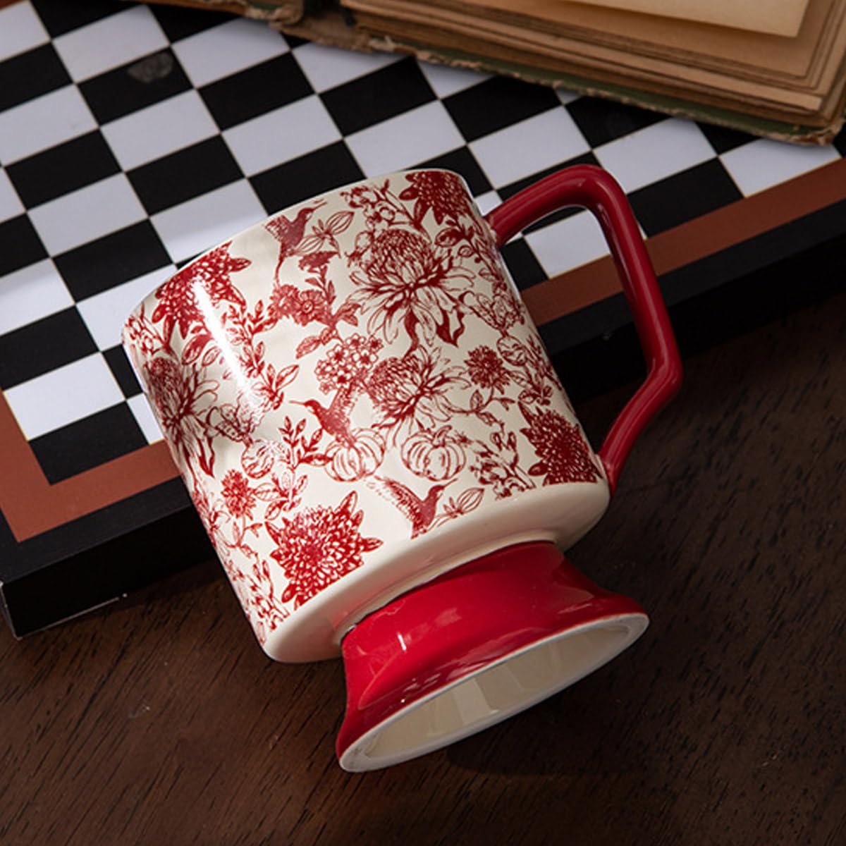Batum Lot de 2 tasses à café en porcelaine de qualité supérieure - Tasse à boire avec poignée - Tasse en céramique vintage avec base haute - Motif floral - 400 ml (rouge)