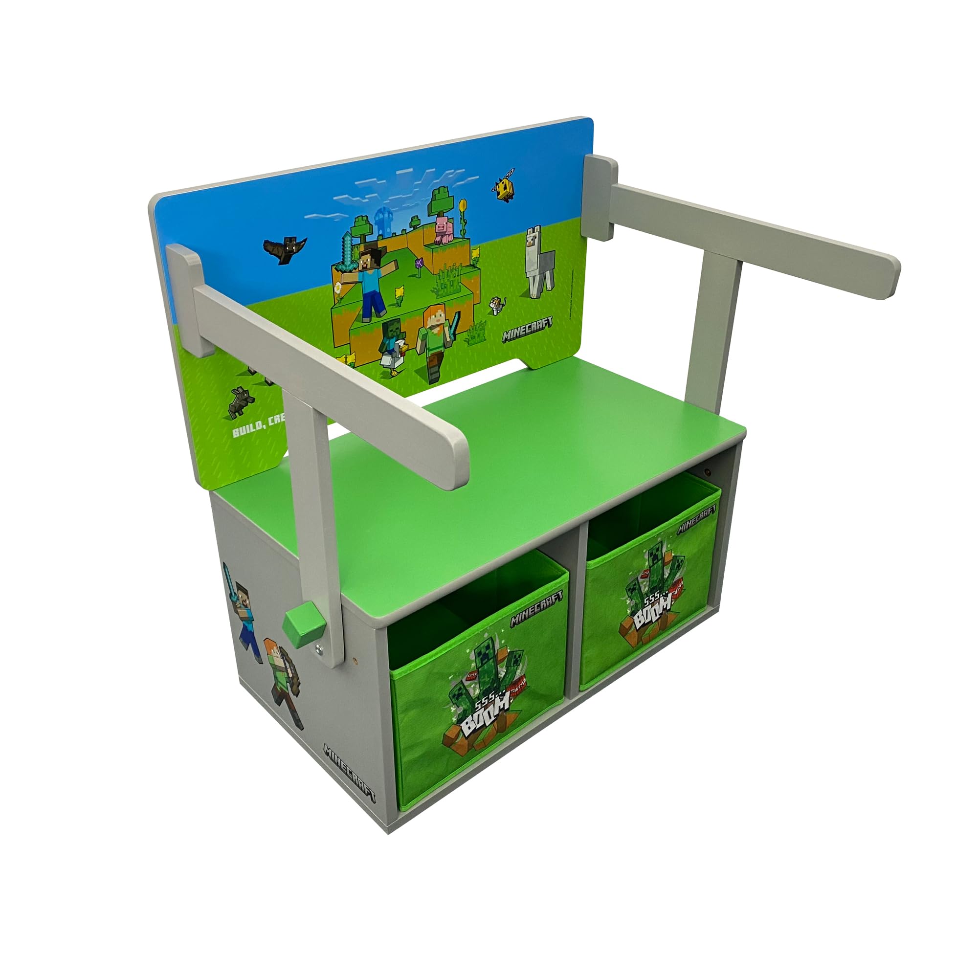 Minecraft - umklappbare Sitzbank mit Armlehne und Stauraum zu Spieletisch mit Sitzbank und Stauraum