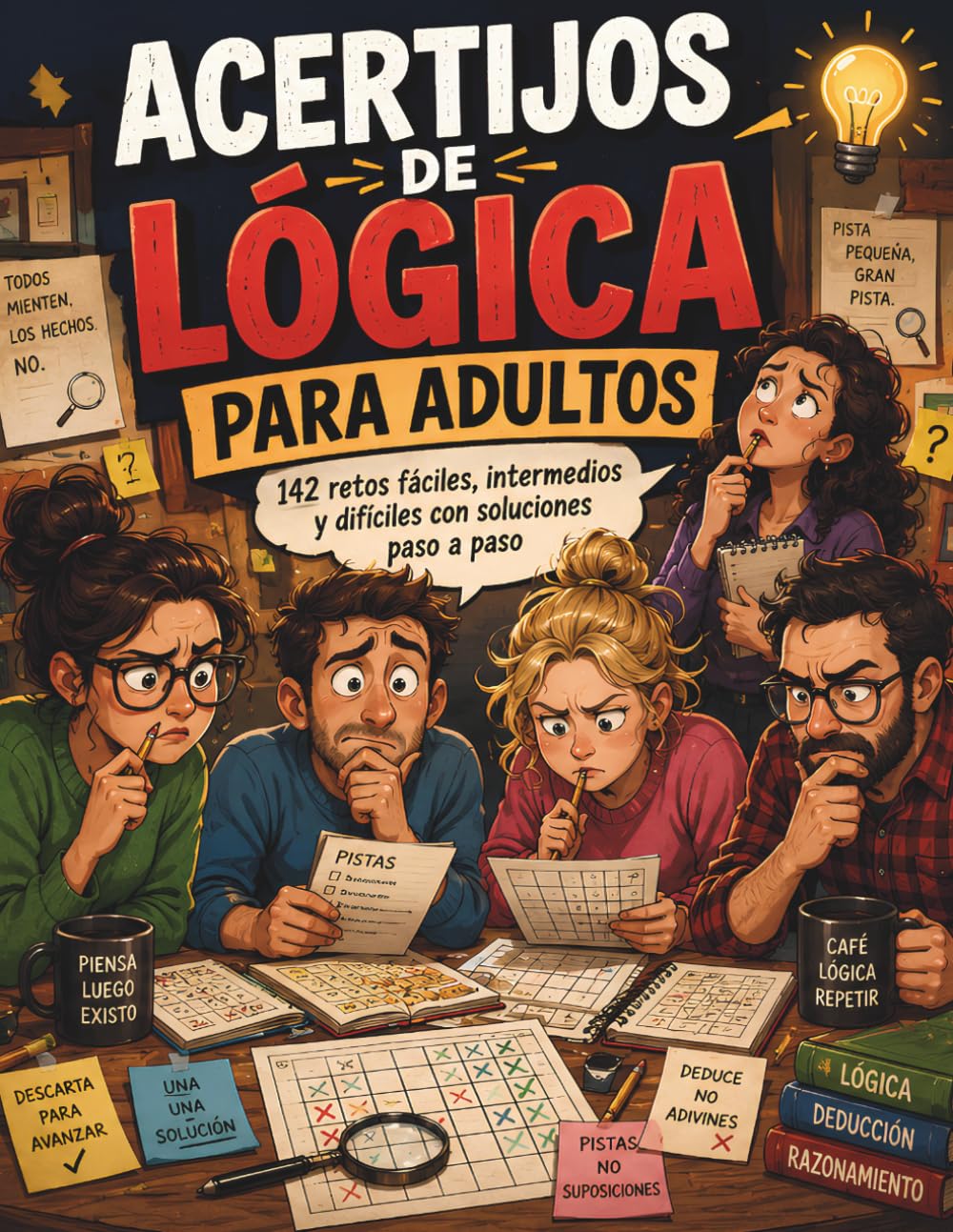 Acertijos de Lógica para Adultos: 142 retos fáciles, intermedios y difíciles con soluciones paso a paso. Pon a prueba tu mente y mejora tu capacidad deductiva.