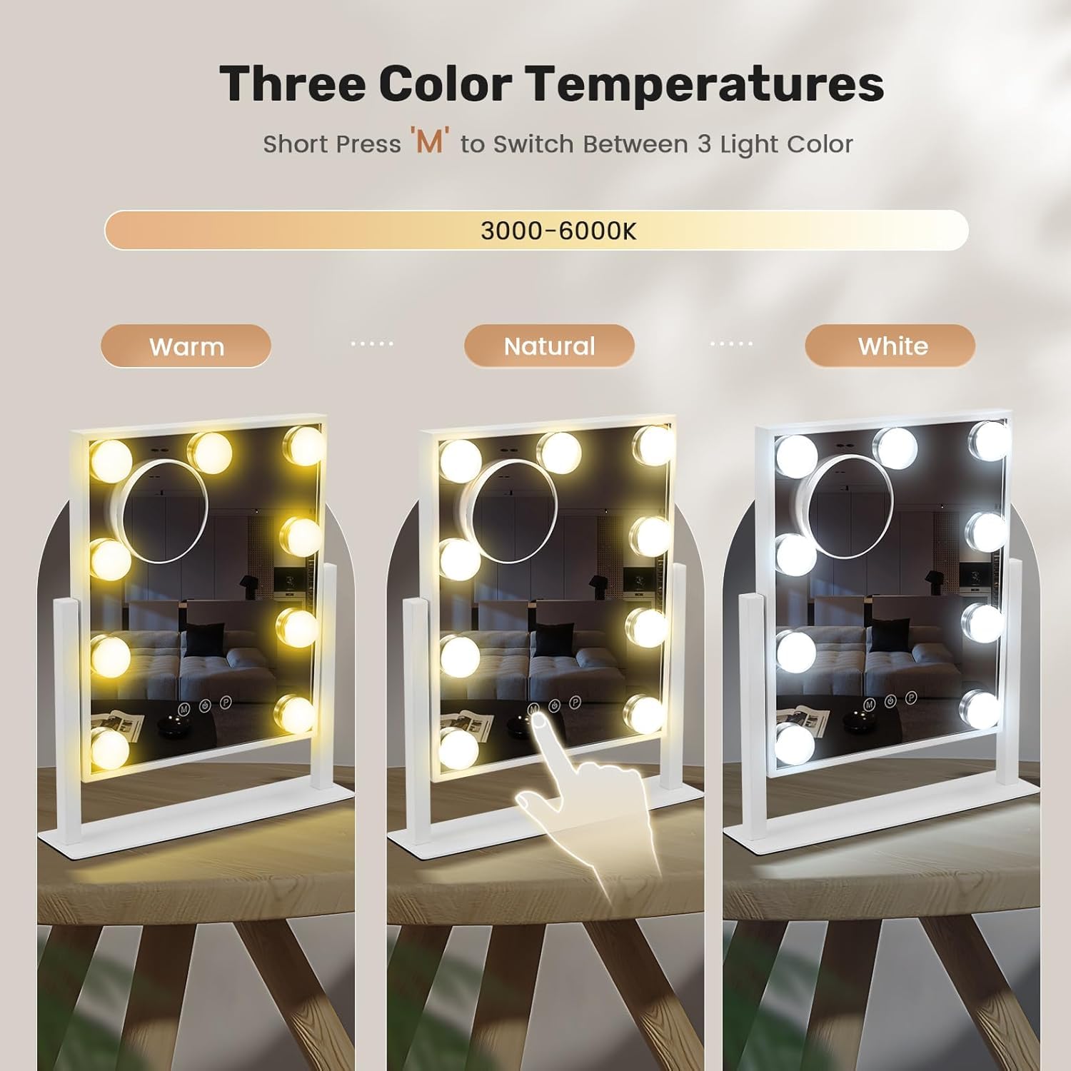 Specchio di trucco hollywoodiano con 9 lampadine LED, 3 modalità di illuminazione, schermo tattile, rotazione di 360 gradi