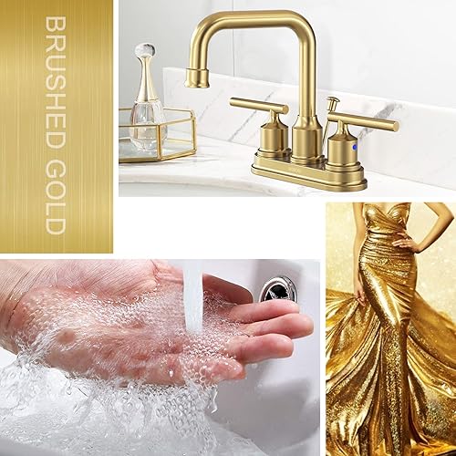 Miniatura 3 de WOWOW Grifo de baño dorado cepillado de 4 pulgadas, grifo de lavabo de 3 agujeros, grifos de baño para lavabo, grifo de tocador de 2 manijas con