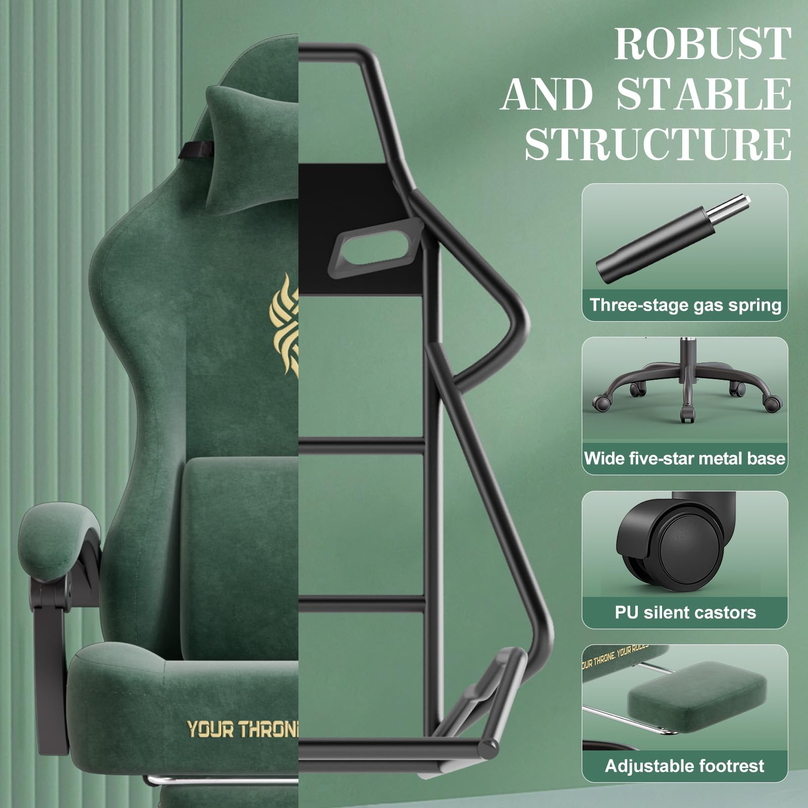 Verdego Chaise Gaming Ergonomique, Fauteuil Gaming avec Support Lombaire Massante, Repose-Pieds Télescopique, Appui-Tête, Tissu Velours, Inclinable 125°, Chaise Gamer Réglable en Hauteur (Vert)