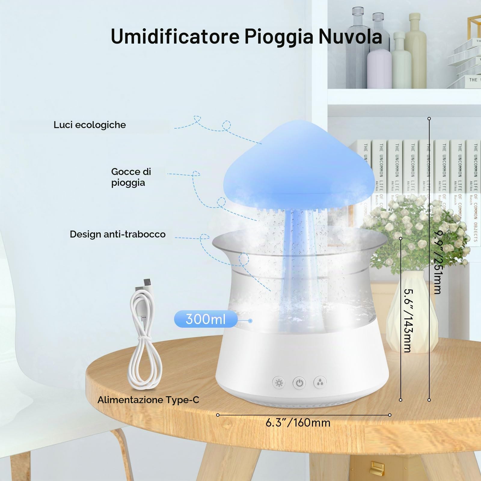 Towwoo Rain Cloud Humidifier con Luce Notturna, Pioggia Nuvola Umidificatore, 7 Colori di Luci Sonore e 3 Modalità, Aromaterapia Diffusore di Oli Essenziali per Camera da Letto Casa Ufficio (Bianco)