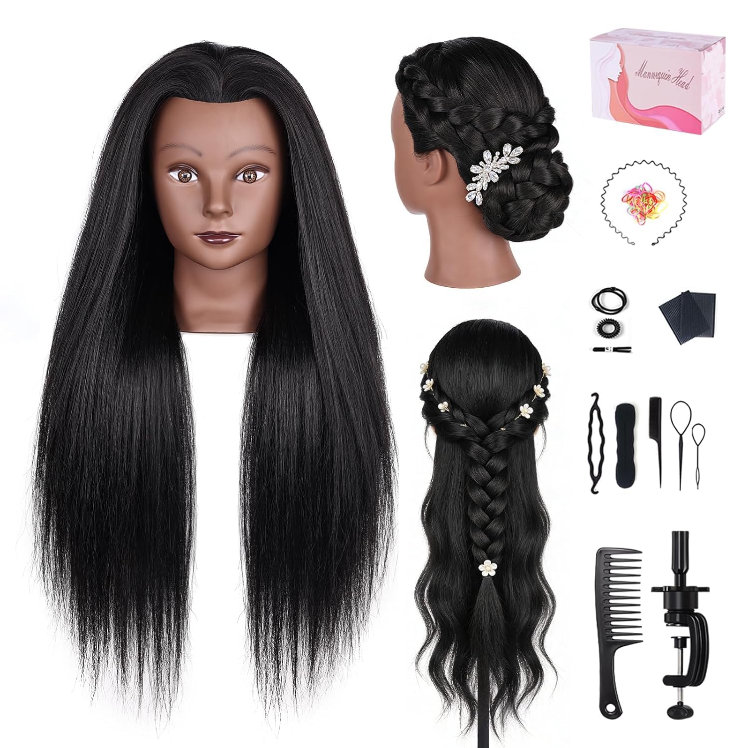 Tête de coiffure, 66 cm, 80 % cheveux naturels, noire, avec pince de table et accessoires, pour couper, tresser et coiffer