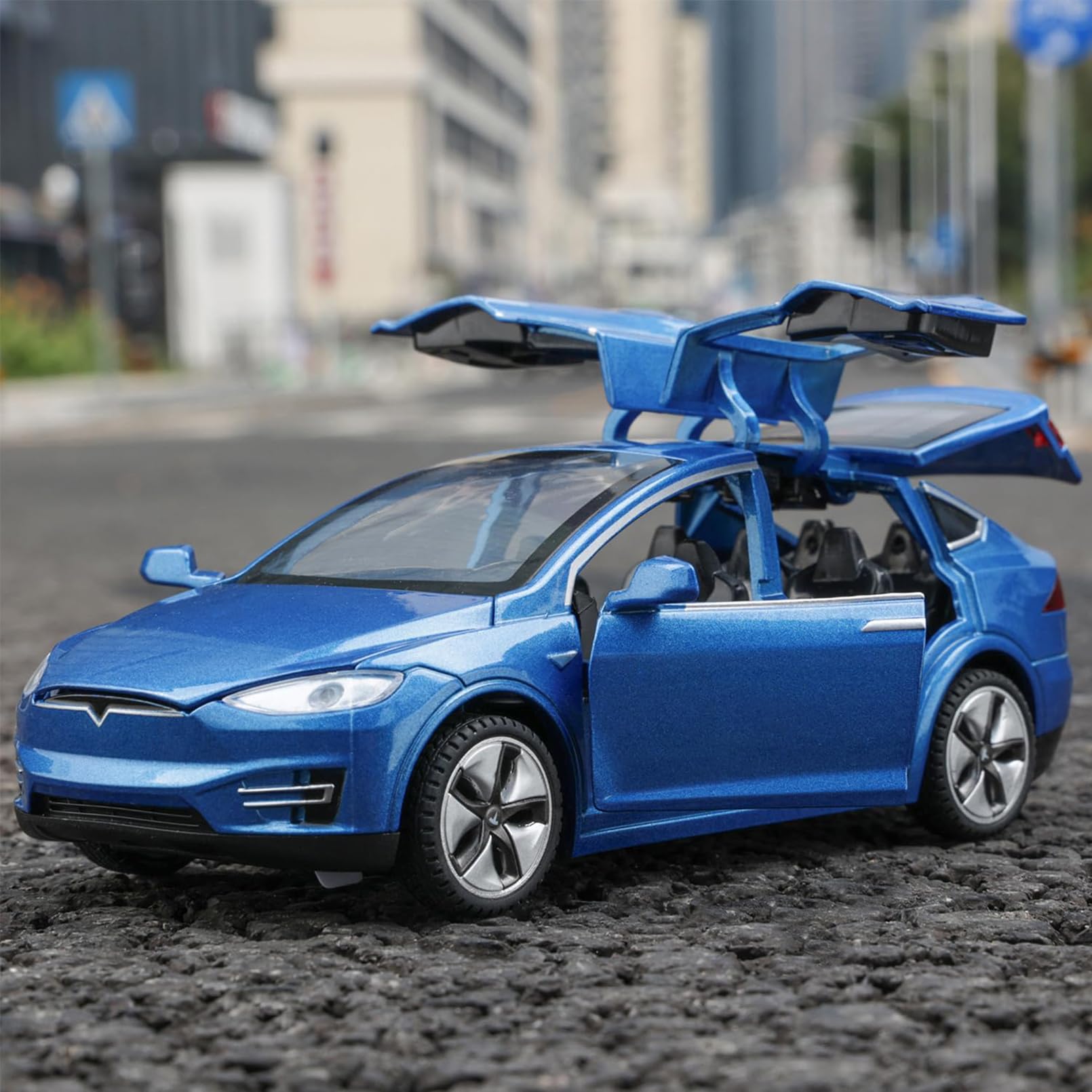 Tesla Model X 1:32 Modellino Macchinina con Luce e Musica, Funzione Pull-Back, Lega Pressofusa, Ideale per Bambini dai 3 anni e Collezionisti (Blu)