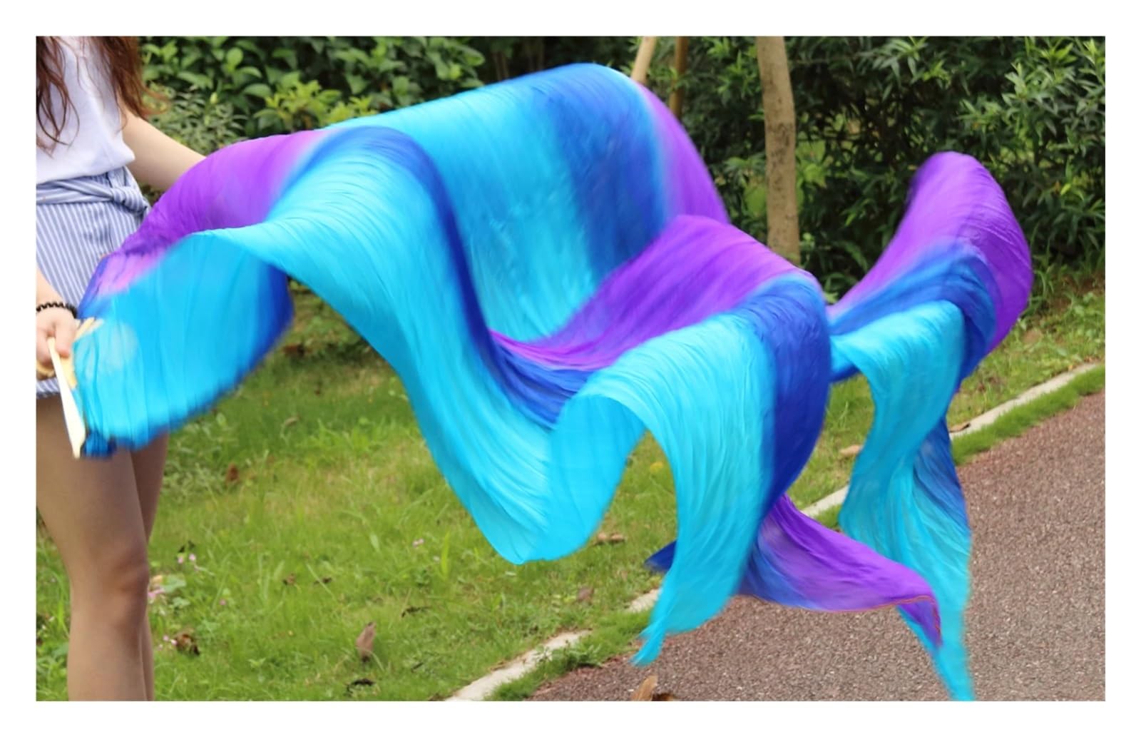 Ventaglio di Seta per Danza del Ventre, Silks 1 Paio di ventagli for Danza del Ventre Tinti a Mano a Righe Turchese+Blu Reale+Viola 150/180 x90cm(180x90cm)