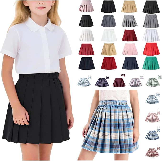 Girls Pleated Skirt School Uniform with Under Shorts Cute Teen Pull on Elastic Waist Scooter Skirt Preppy Clothes 2-16T