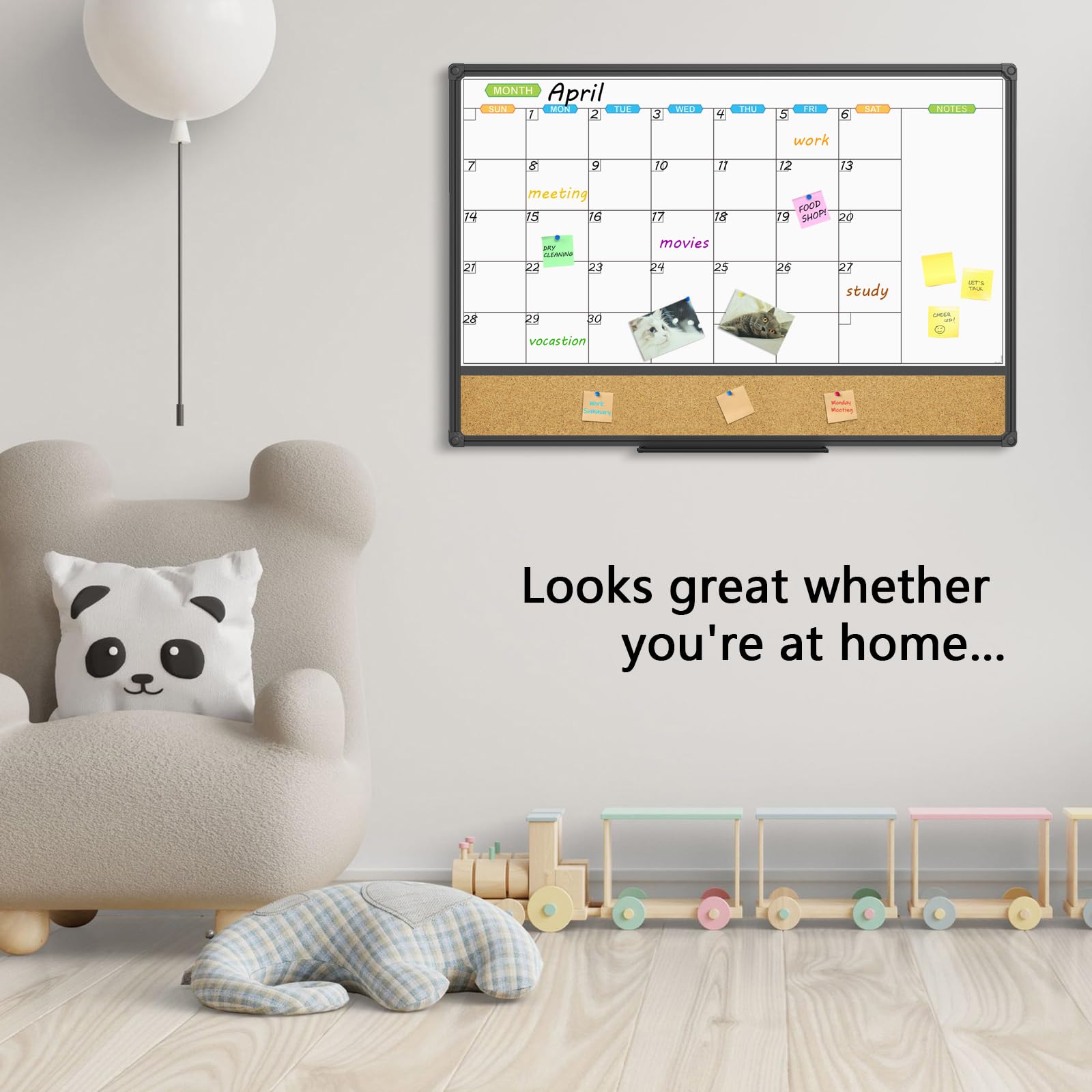 JILoffice Pizarra magnética con calendario blanco y tablón de corcho para anuncios, tablero combinado de 36 x 24 pulgadas, marco de aluminio negro, tablero montado en la pared para oficina, hogar y