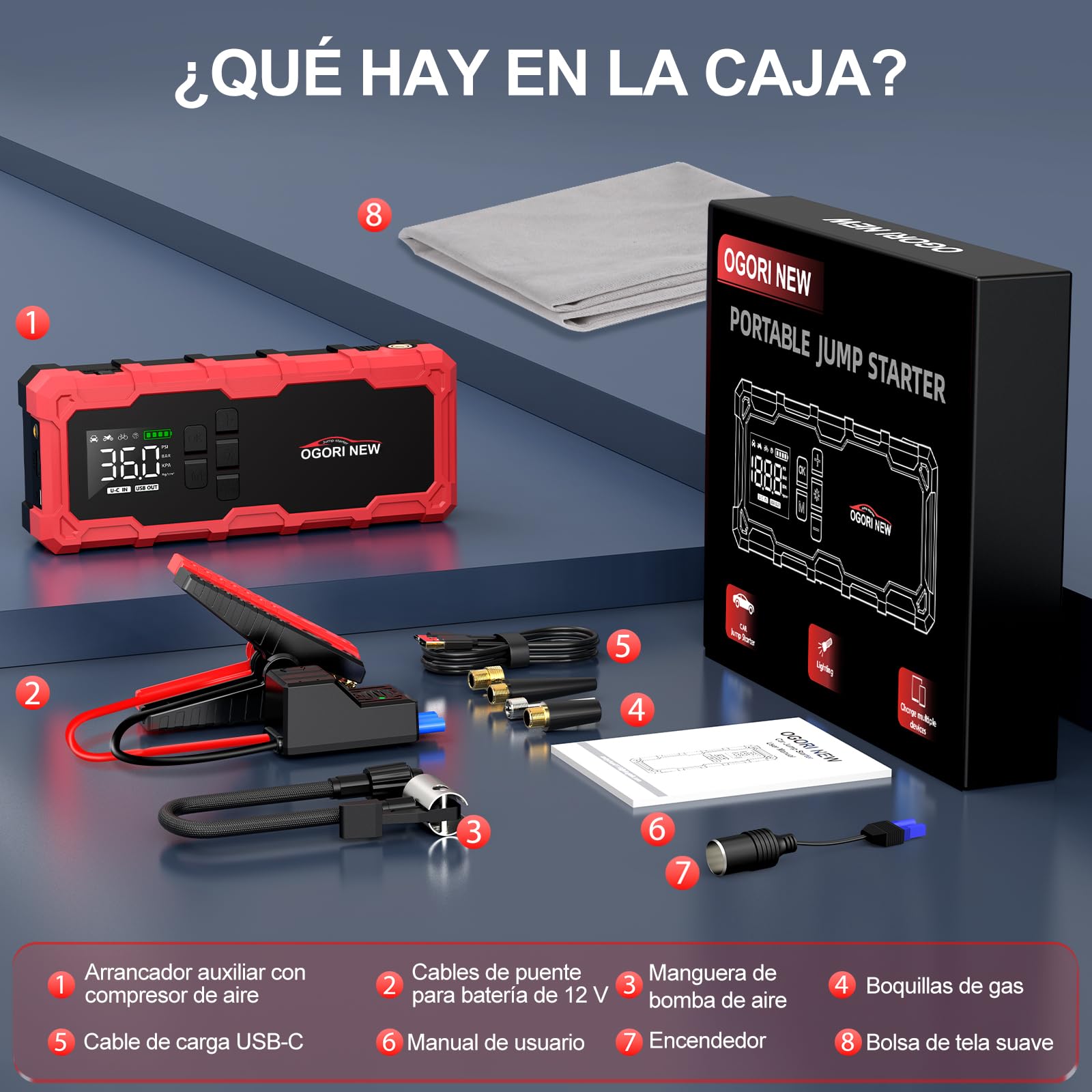 Arrancador de Coche 8000A,Arrancador de Baterias para Coche 12V con Compresor Aire Portatil(para 10L de Gasolina o 8L de Diésel),Jump Starter con Pinzas de Seguridad Inteligentes/luz LED