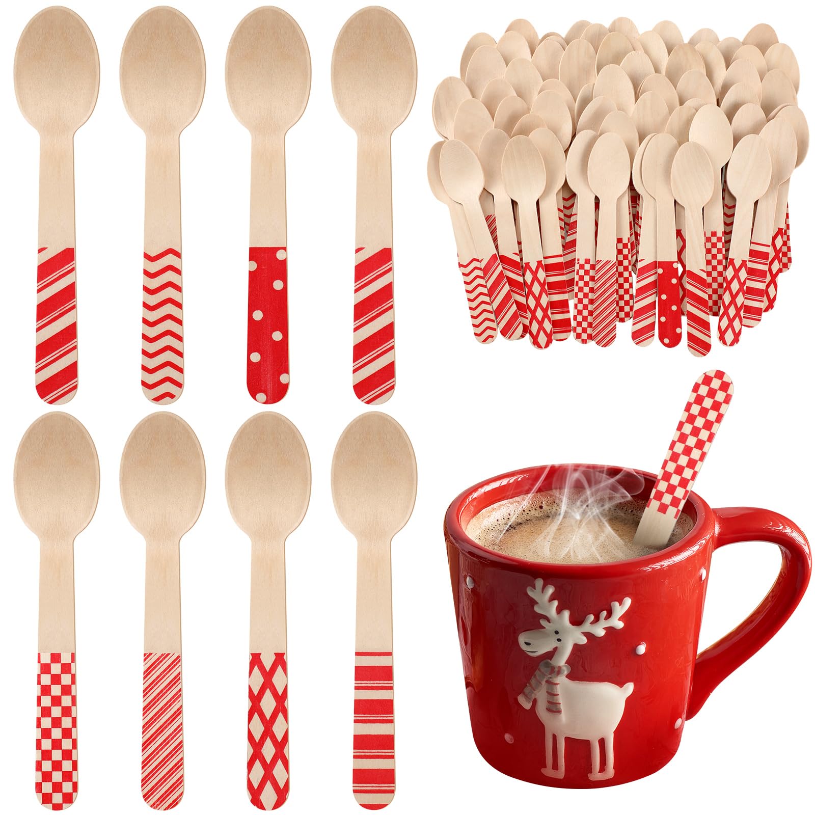 Uiifan 120 Pcs Christmas Disposable Wooden Spoons 5.5 Inches Striped Spoons with Red Stripes Candy Cane Patterns for Tasting Cake Hot Chocolate Coffee Ice Cream Christmas Wooden Cutlery, 8 Styles