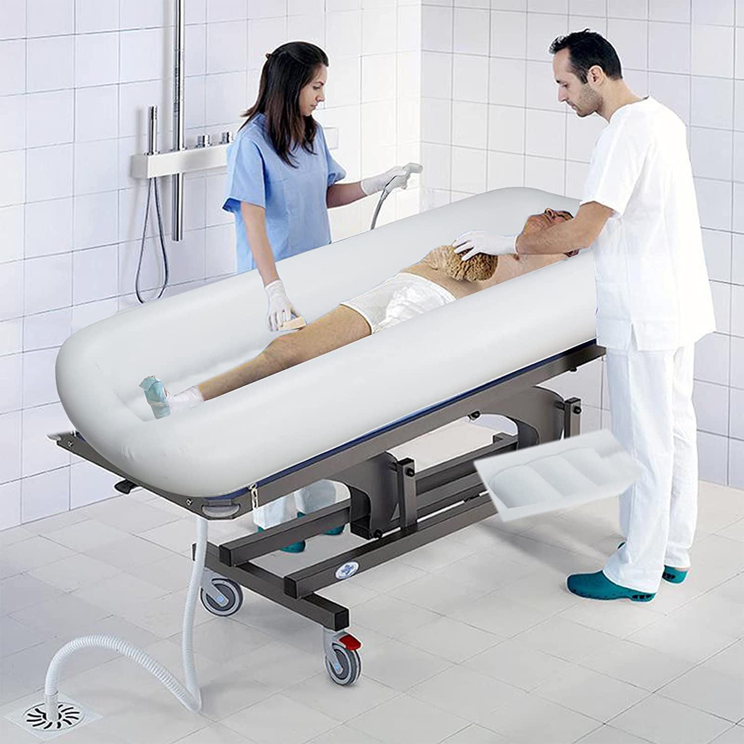 Kit Vasca Doccia Gonfiabile con Pompa ad Aria elettrica, Vasca da Bagno in PVC per Adulti con Sacca d'Acqua da Bagno a Letto, ausilio per Anziani, disabili, Anziani, pazienti