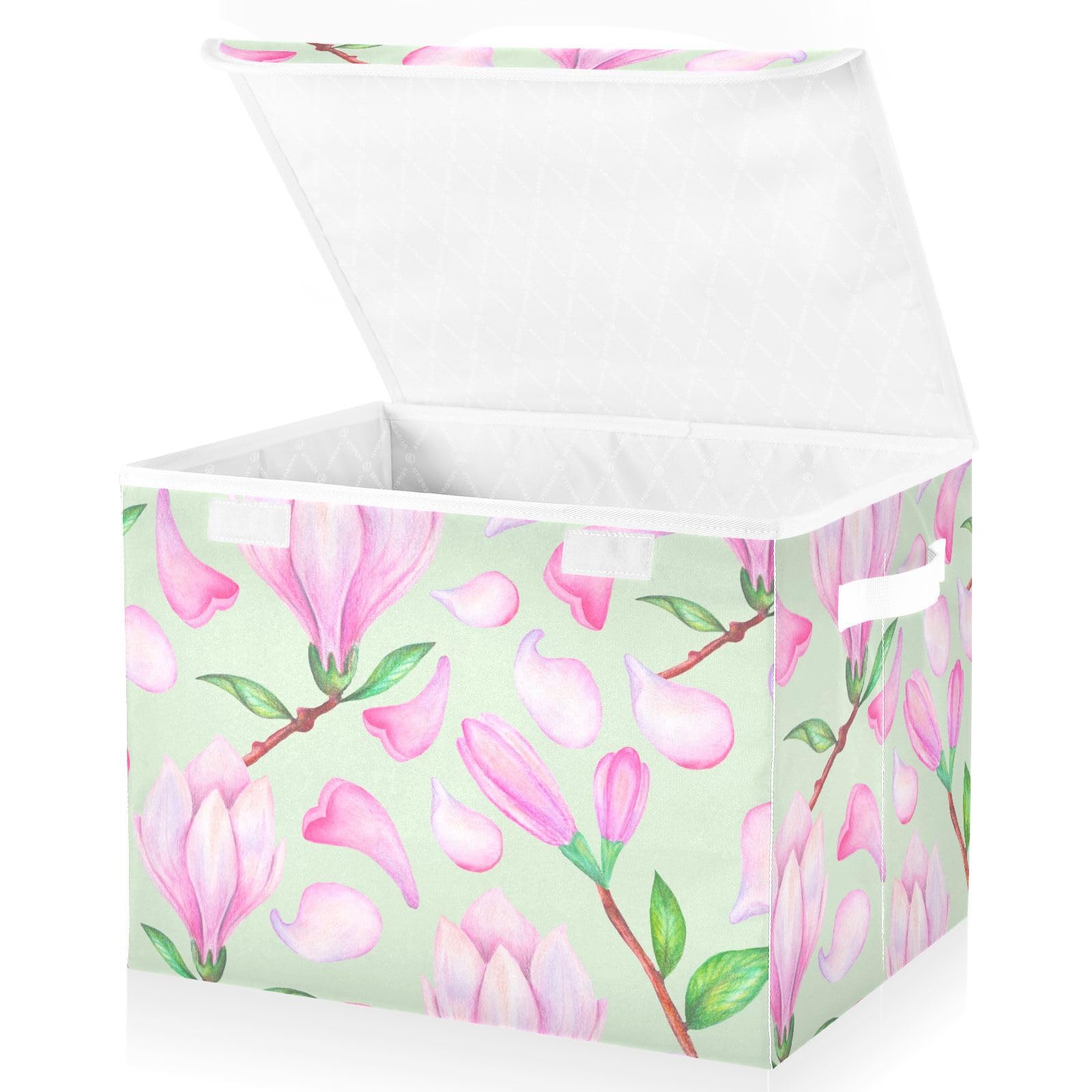 Mnsruu Storage Boxes with Lids, Pink Magnolia Flower Leaves Branch Large Storage Basket Organizer Shelves Cube Bin Toy Clothes Underbed