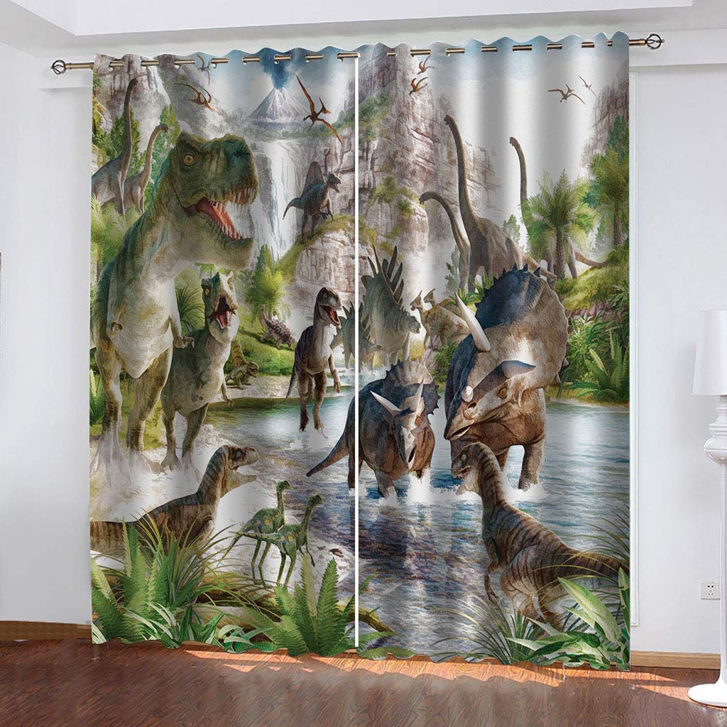Rideaux Chambre Enfant 3D Impression Dinosaure Animal Rideau Enfant Voilage 200x160 Cm Salon Voilage, Voilages À Oeillets Décor Chambre, Moderne Fenêtre Isolation Thermique, Motif