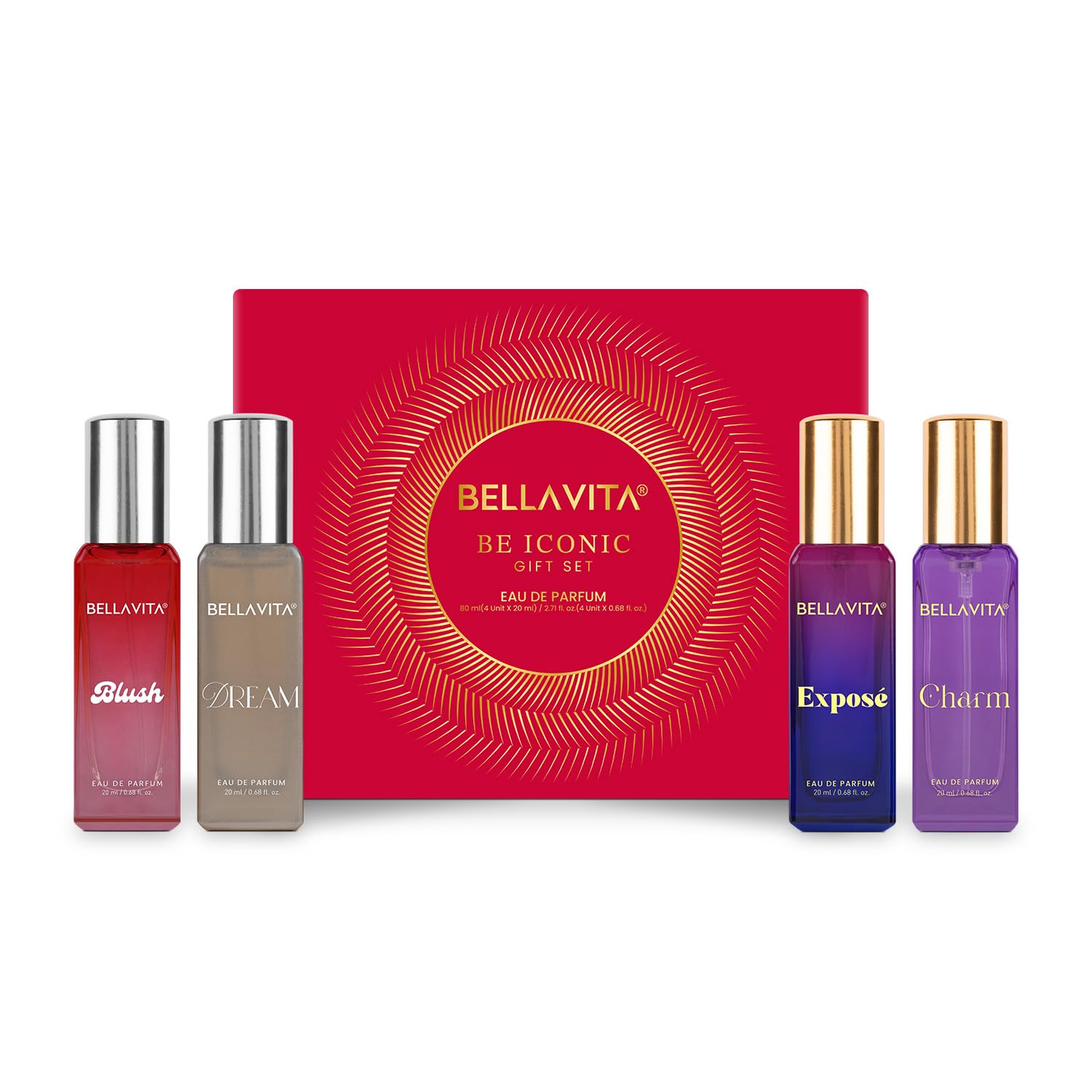 BELLAVITA Be ICONIC | Long Lasting Perfume Gift Set 4x20ml for Woman | with Red Fruits, Jasmine & Pink Pepper | Fruity, Floral Premium Fragrance for Women