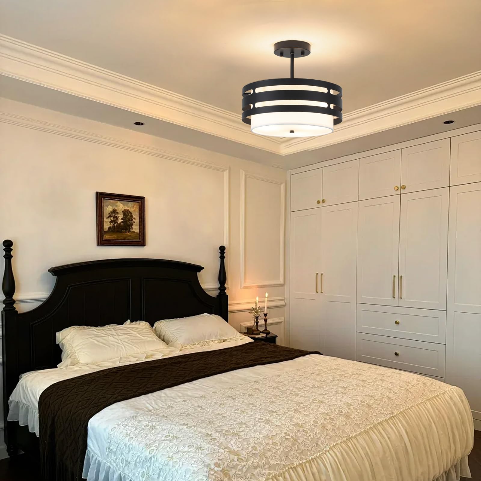Schwarz Deckenlampe Wohnzimmer, Schwarz Deckenlampen mit Stoffschirm, E27 Deckenleuchte, Ø 32CM Moderne Deckenlampe Kronleuchter für Küche, Flur, Schlafzimmer, Esszimmer