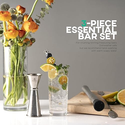 Miniatura 8 de Homestia Juego de muro de 10 pulgadas, para cócteles, cuchara de bar y jigger, 3 herramientas de barman de acero inoxidable para triturar frutas,