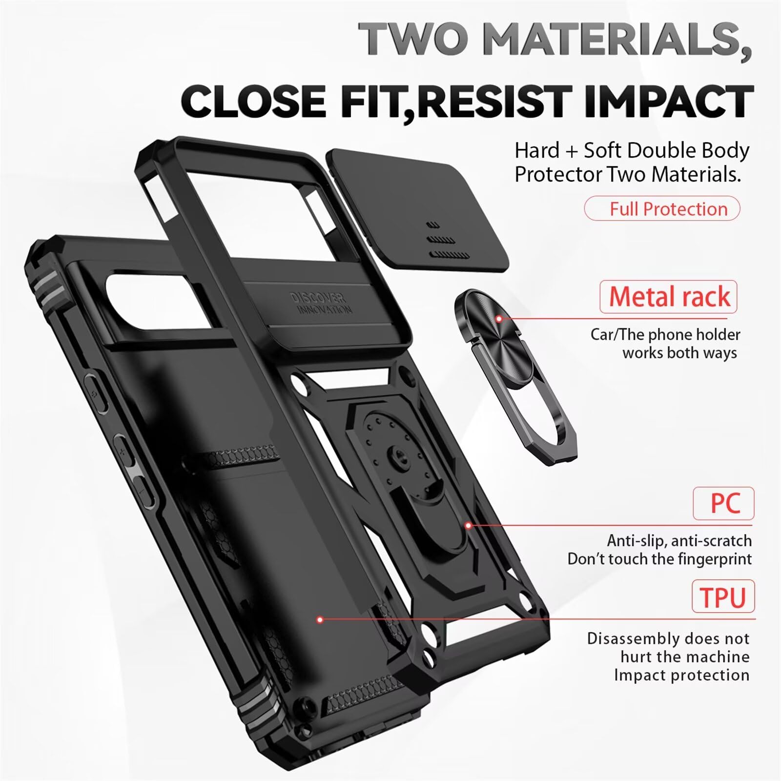 Custodia Google Pixel 8 Con Vetro Temperato - Cover Scorrevole Protezione Fotocamera, Anello Rotante 360° E Supporto Magnetico, Antiurto TPU, Rossa