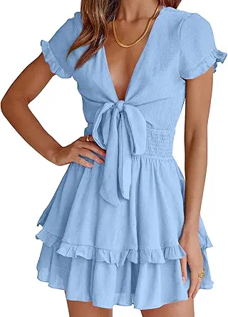 PRETTYGARDEN Women Summer Mini Short Dress 2025 Short Sleeve Casual Beach Vacation Sundress V Neck Tiered Sun Dresses