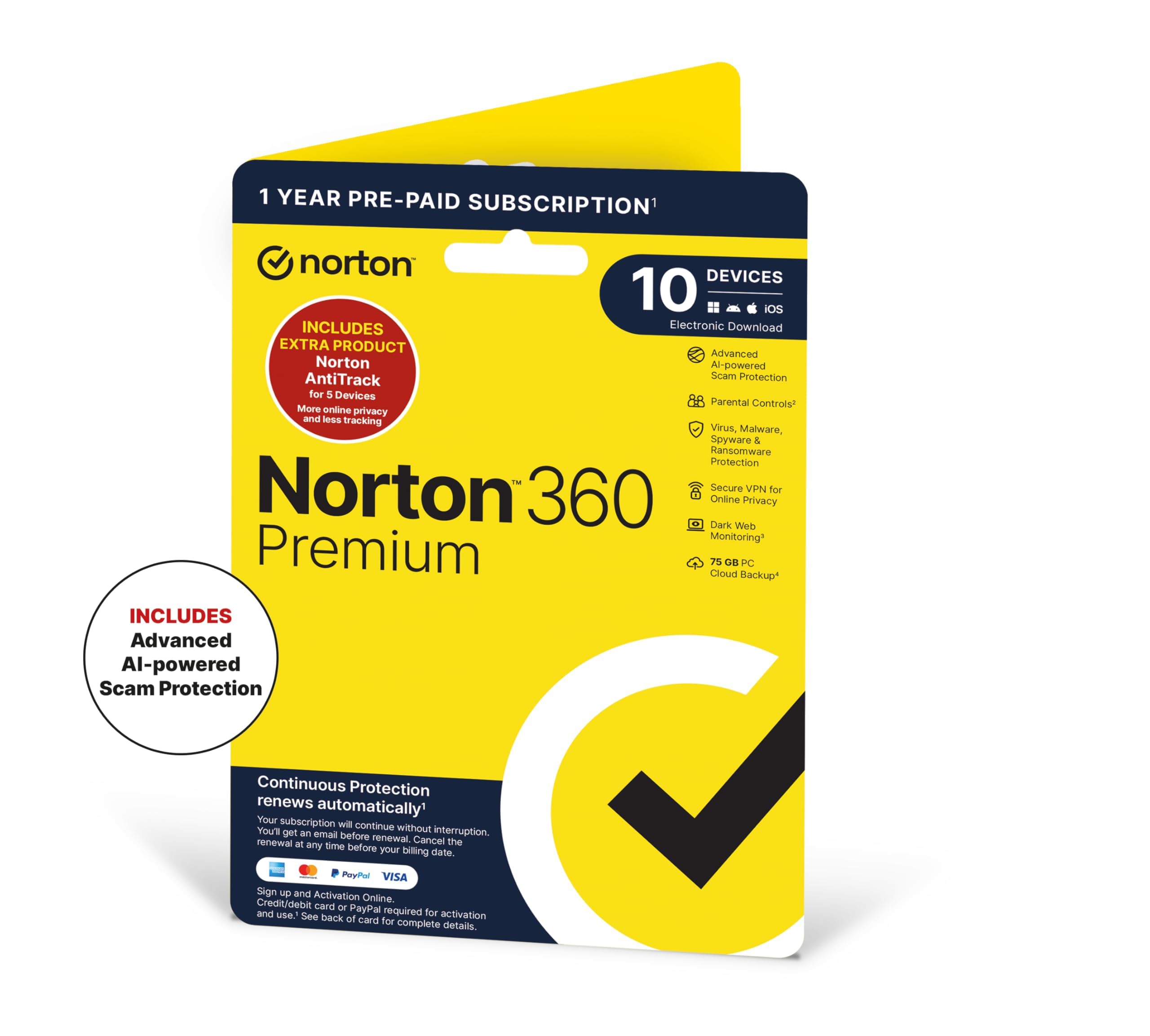 Norton 360 Premium & Antitrack 2026, Antivirus Software for 10 Devices, 75GB, 12 Month Subscription ‎with ‎Automatic Renewal