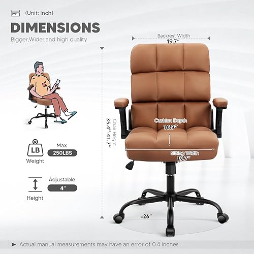 Miniatura 3 de SEATZONE Executive Office Chair Small PU Leather Desk Chair with Wheels,Ergonomic Computer Swivel Rolling Task Chair with Back Support,Brown