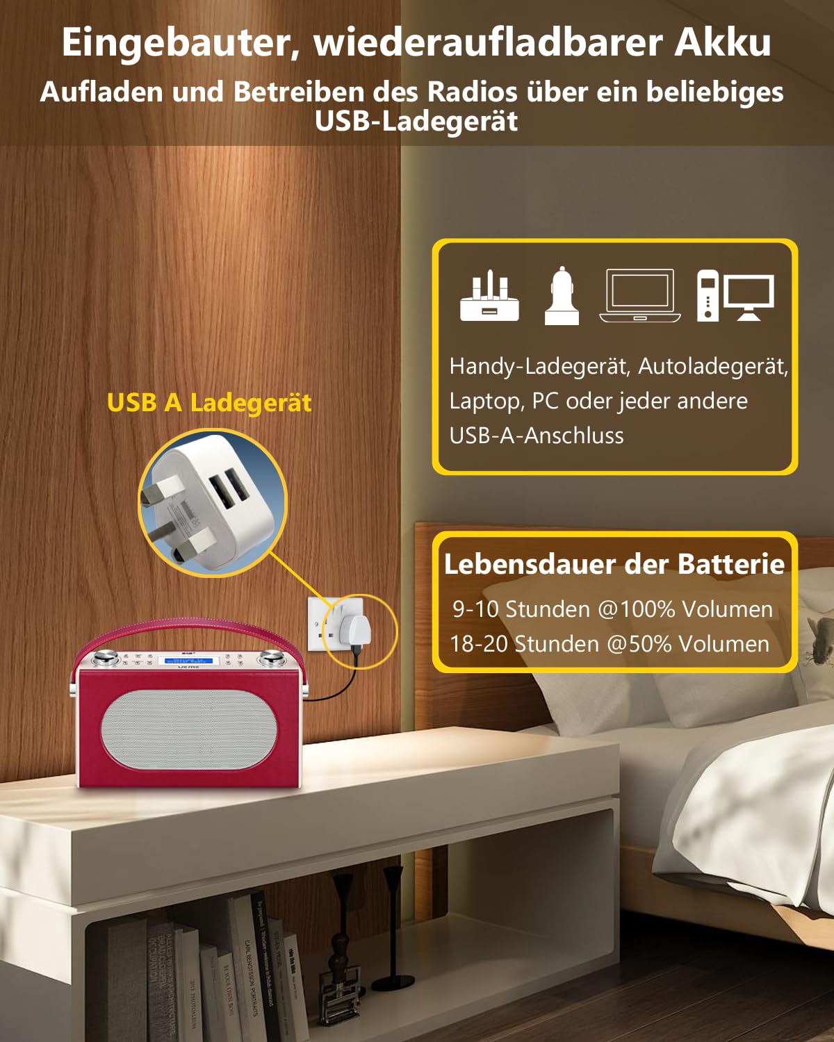 Tragbarer Retro Design DAB Plus/FM Radio, Bluetooth Lautsprecher DAB + Radio mit Wiederaufladbarer Lithium-Akku, Radiowecker, Starkem Empfang, Inklusive DC Netzkabel (Rot)