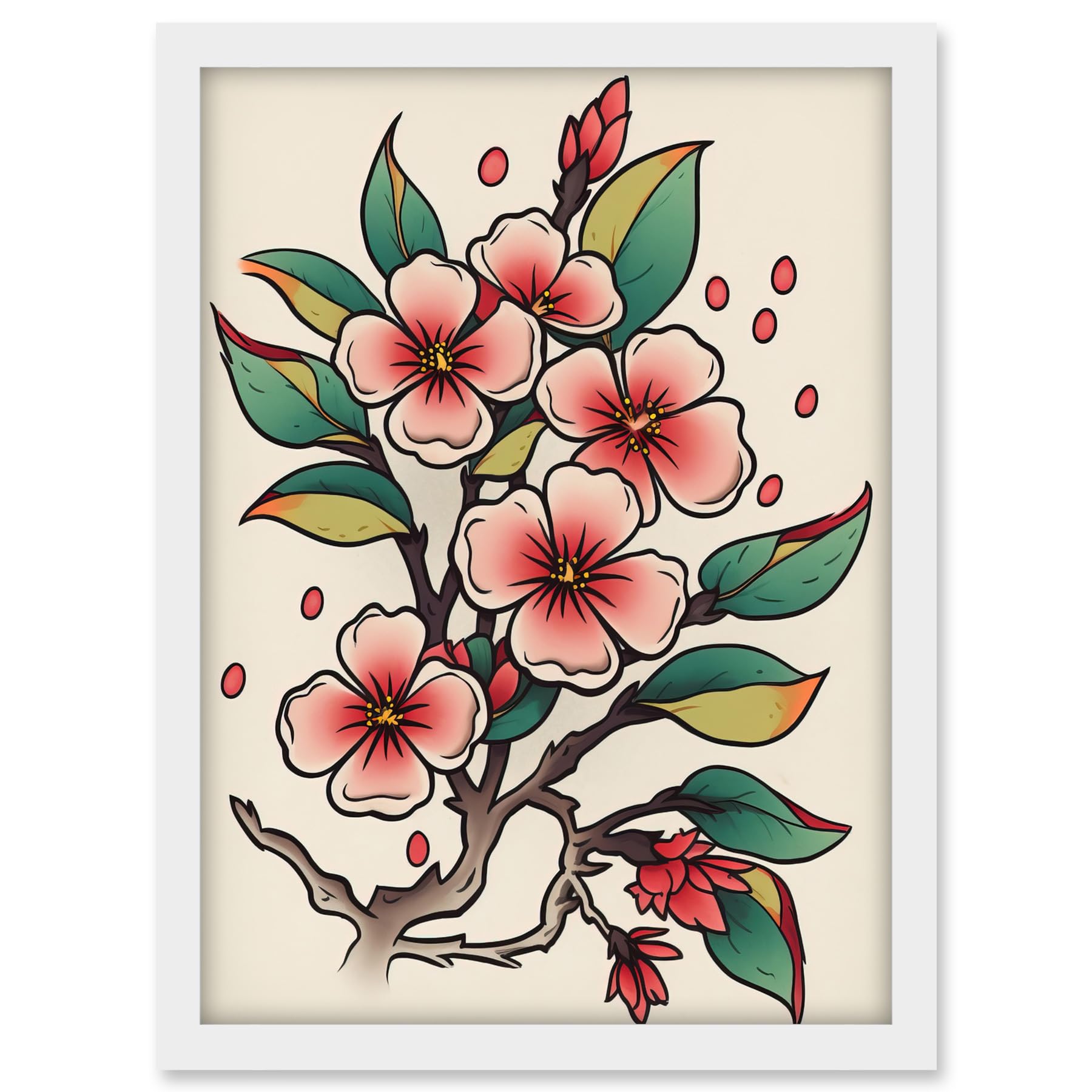 Artery8 Cherry Blossom Branch Flowers Tattoo Ink Body Art Rockabilly Americana 50s Artwork Framed A3 Wall Art Print