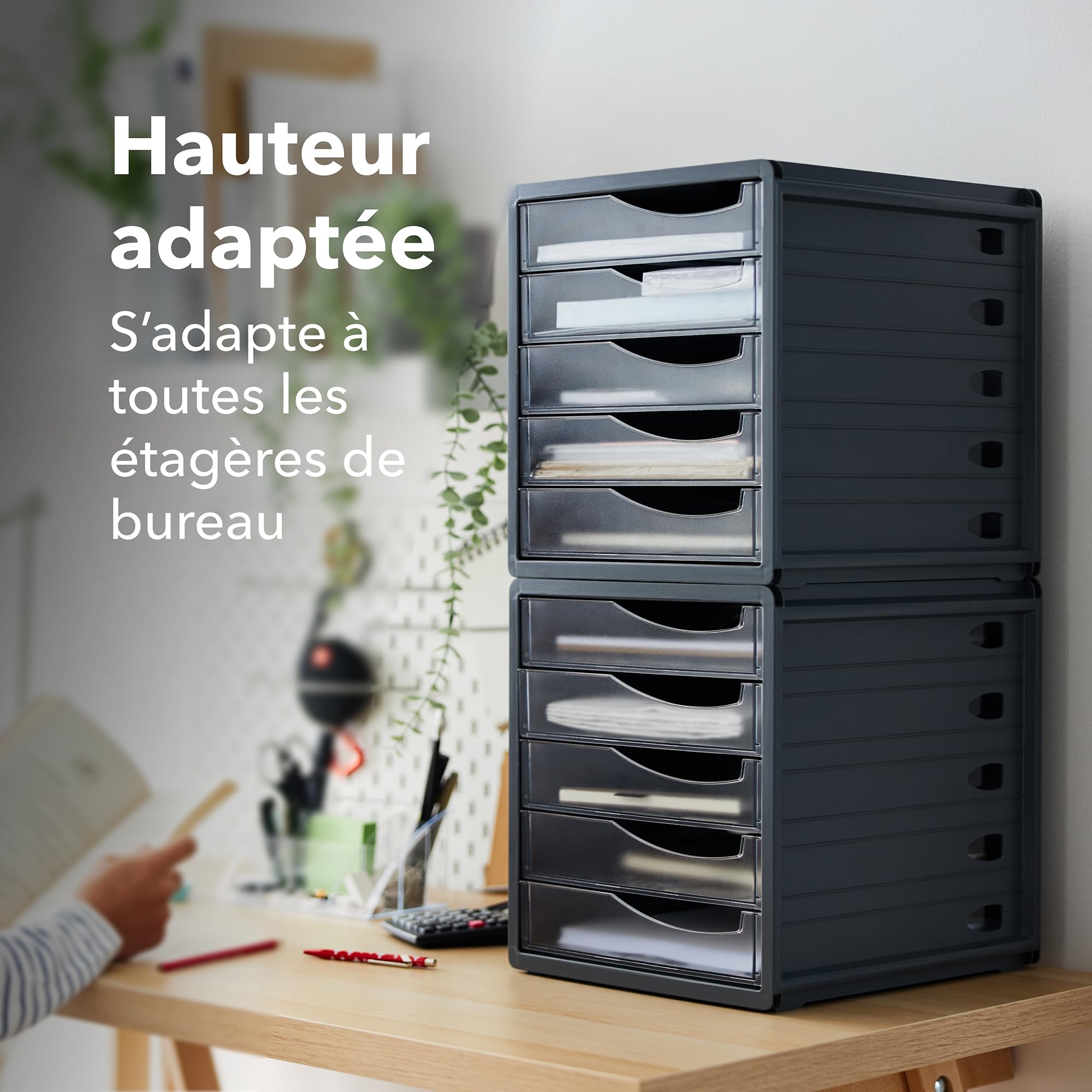 Rotho Spacemaker Boîte à Tiroirs / Boîte de Bureau à 5 Tiroirs, Plastique (Ps) sans BPA, Transparent / Noir, 33,5 X 28,5 X 32,0 cm | Système de rangement avec 5 tiroirs fermés, compartiments pour stylos et butée coulissante, plastique sans BPA robuste