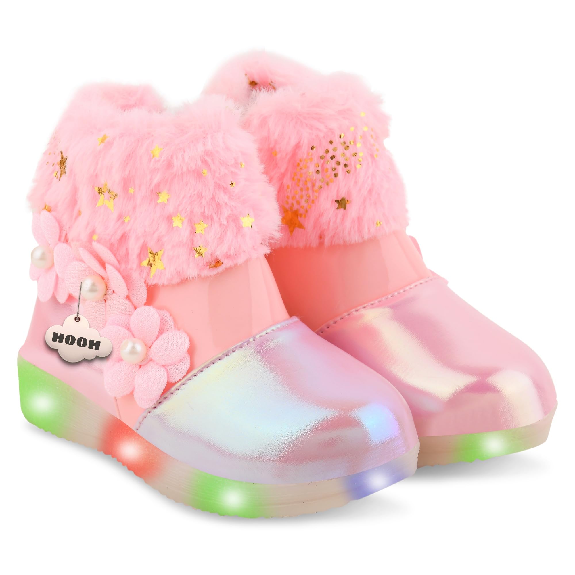 Hooh Kids Girls LED Light Up Shoes Cum Boots with Faux Fur Trim and Flower Applique for 0 Months to 12 Years (for Greater Than 5 Years Age vs Size Chart in Images)