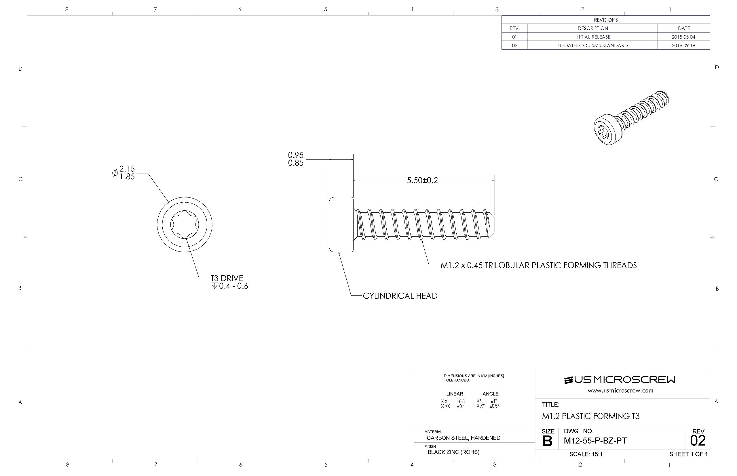M1.2 X 5.5mm Plastic Thread Forming Screw Black Zinc Plated Steel Pan Head 6-Lobe Drive (100 Pcs) - M12-55-P-BZ-PT