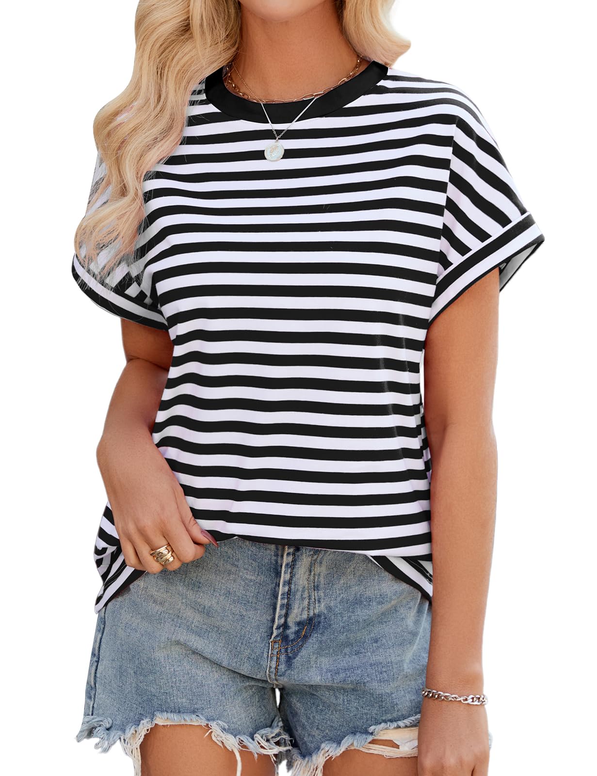 Lonya Tshirt Damen Sommer Oversize Top Kurzarm Rundhals Oberteil Locker Casual Elegant Bluse Gestreift Tee Shirts