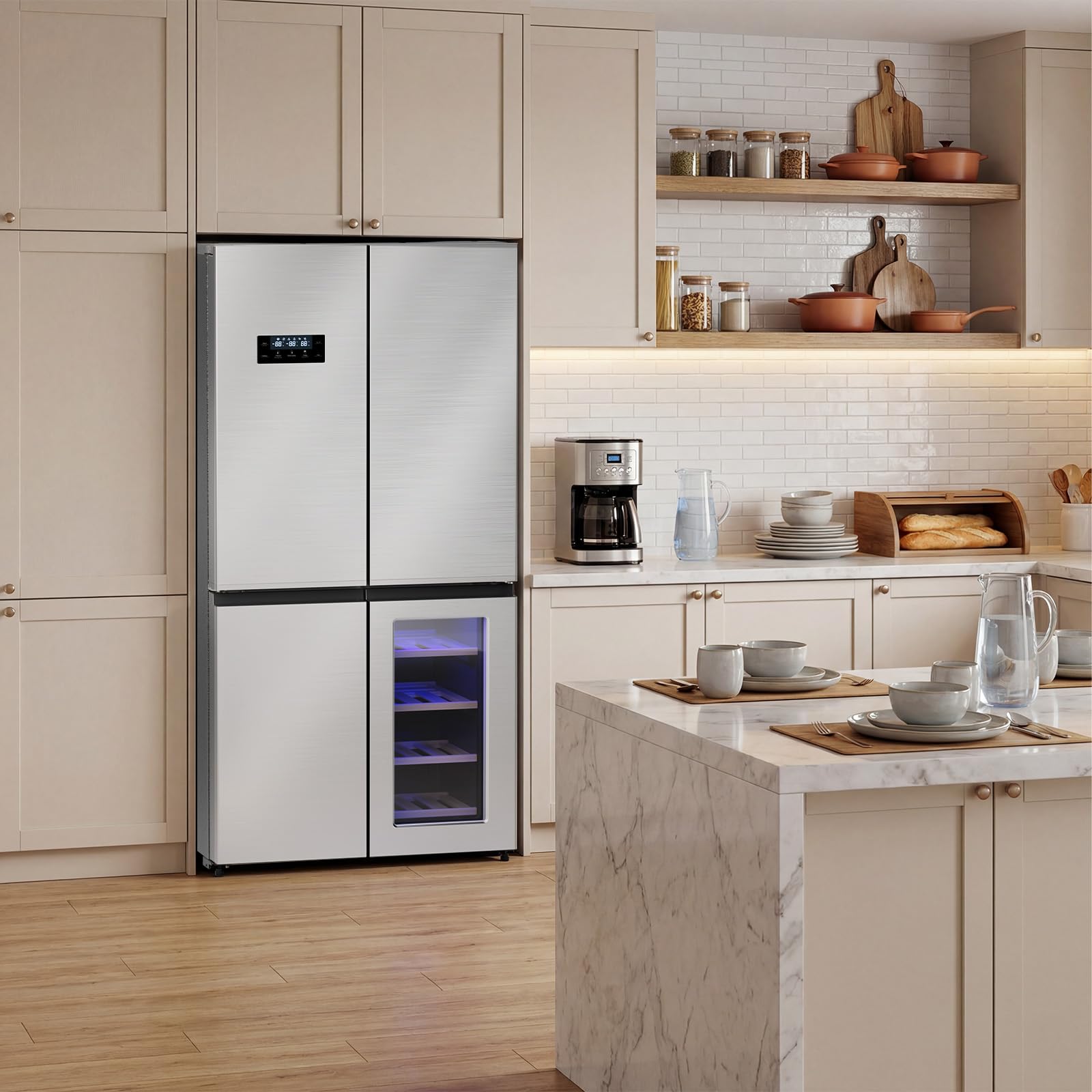 Cowsar 36-Inch And 21 Cu. Ft. Counter Depth French Door Refrigerator With Wine Cabinet And 4 Doors Kitchen Deep Freezer In Stainless-Steel on Fridge.com - View 6