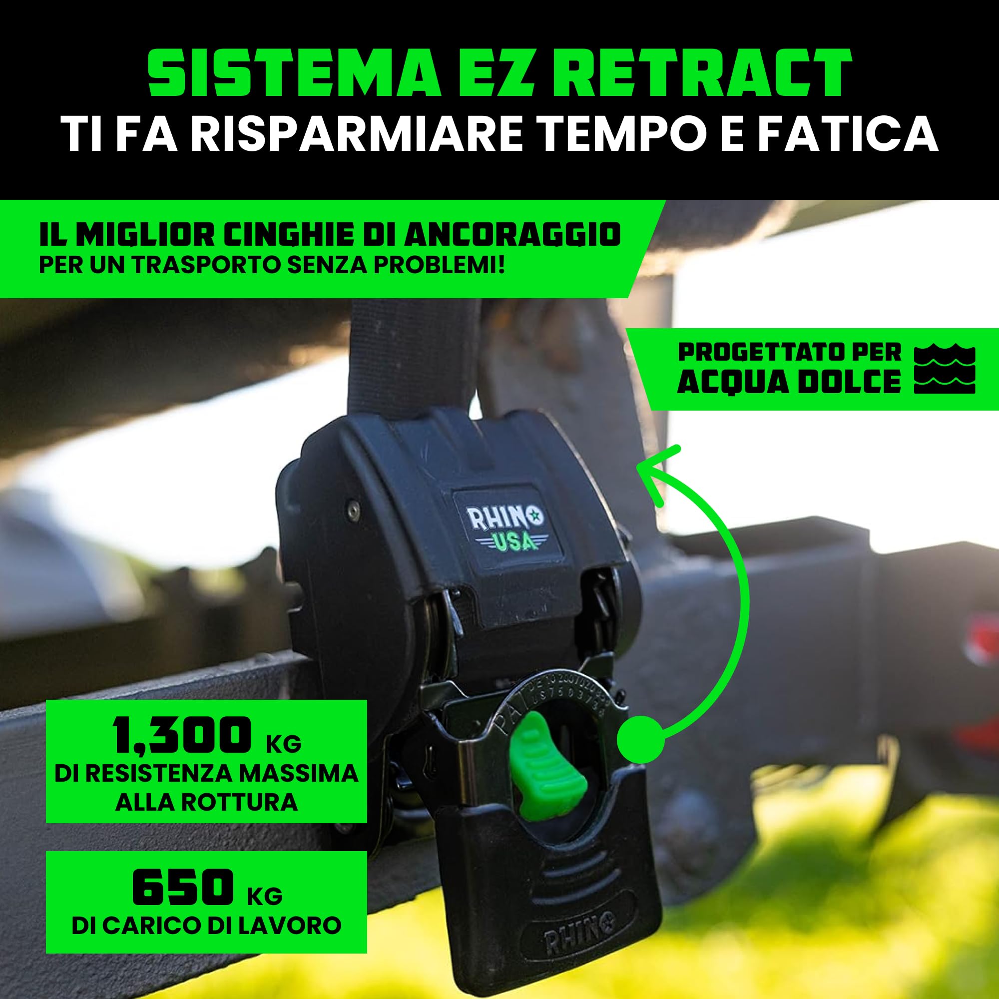 Rhino USA Cinghie Retrattili per Rimorchio Barca (Confezione da 2) - Cinghie di Fissaggio per Barca da 5cm x 1,1m, 1300kg - Fissaggio per Barca, Jet-Ski e altro! Verniciato a Polvere Nero, Acciaio