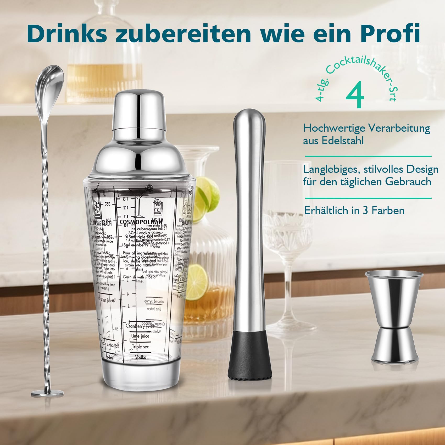 14oz Cocktail-Shaker-Set aus Glas, 4-teiliges Barkeeper-Set, Martini-Mixer-Shaker mit integriertem Sieb, Rührlöffel, Messbecher und Stößel, Bar-Werkzeugset für Anfänger (Silber)
