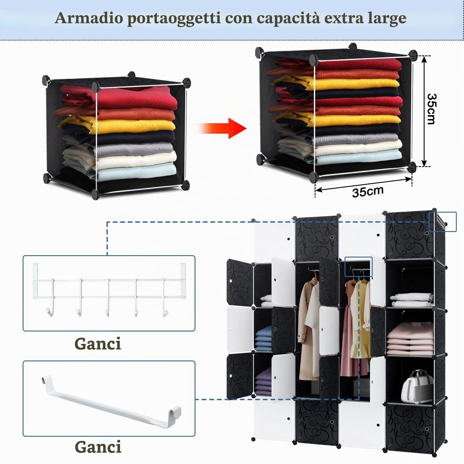 AufuN Armadio per vestiti, sistema di scaffalature, scarpiera con asta appendiabiti, armadio combinato modulare, sistema di scaffalatura salvaspazio, scaffale portatile, scaffale pieghevole con