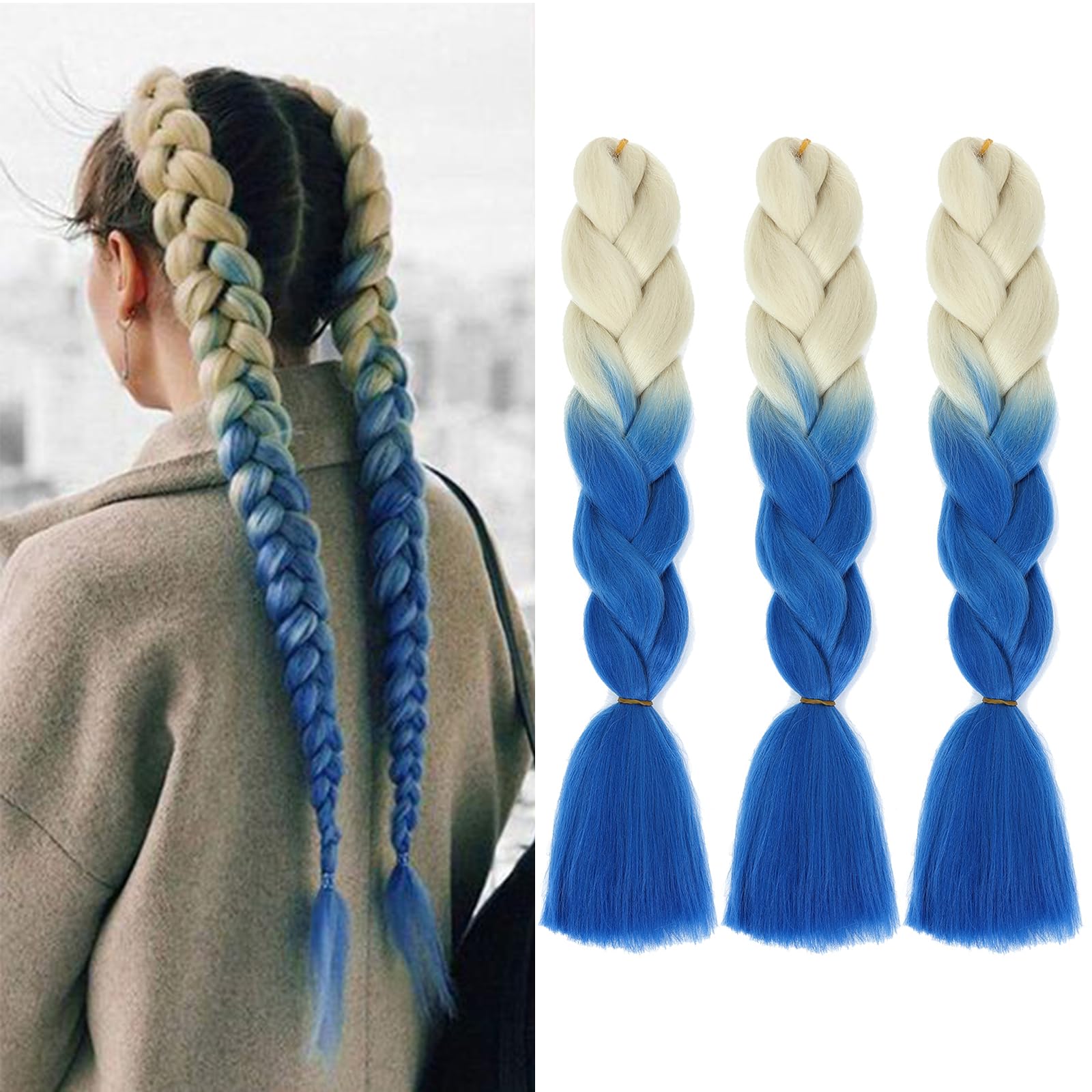 Sakkou Ombre Blue And White Hair Extensions 3pcs Beige Off-White To Navy-Blue Jumbo Braiding Hair For Braids 24inch Sythetic Fake Braiding Hair