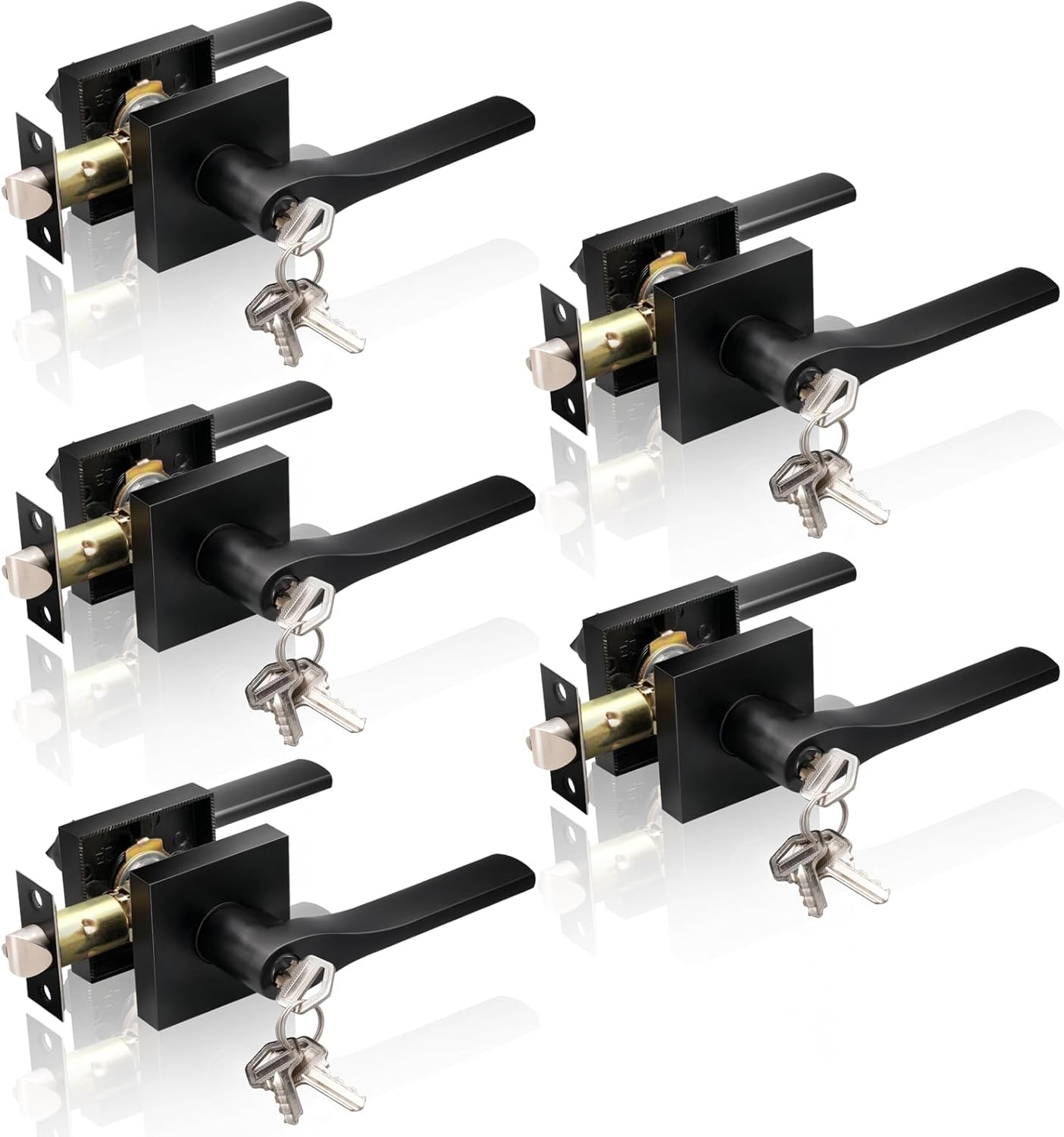 JO.KO 5 Pack Entry Door Lever with Lock and Key(Different Keys),Matter Black Exterior Door Handle for Office and Front Door, Square Style Reverisble Bedroom Door Knobs with Lock
