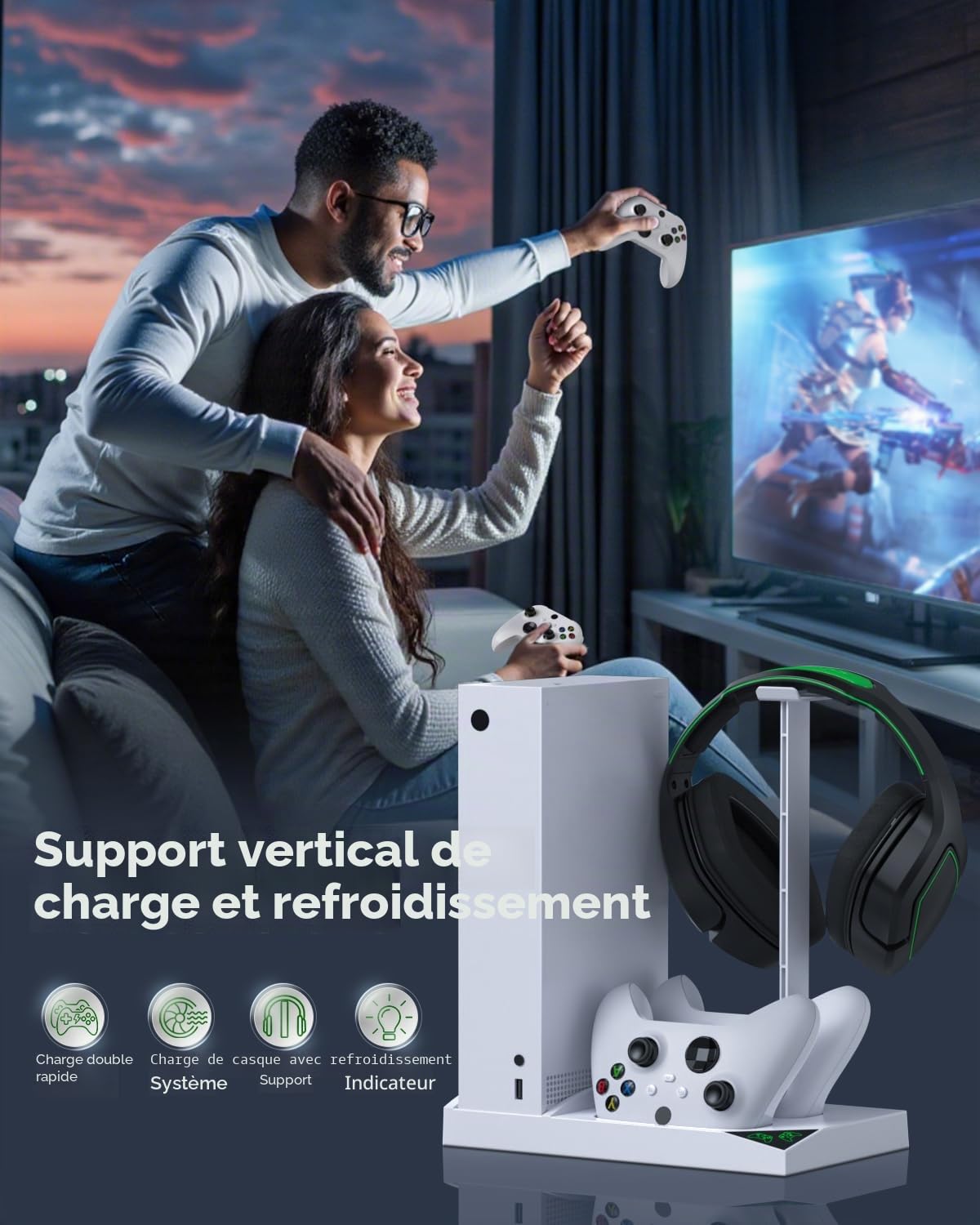 Support de Chargeur avec Ventilateur de Refroidissement pour Xbox Series S Console & Manette,Station d'accueil Verticale avec 2 x 1400mAh Batterie Rechargeable & Couvercle (Blanc)