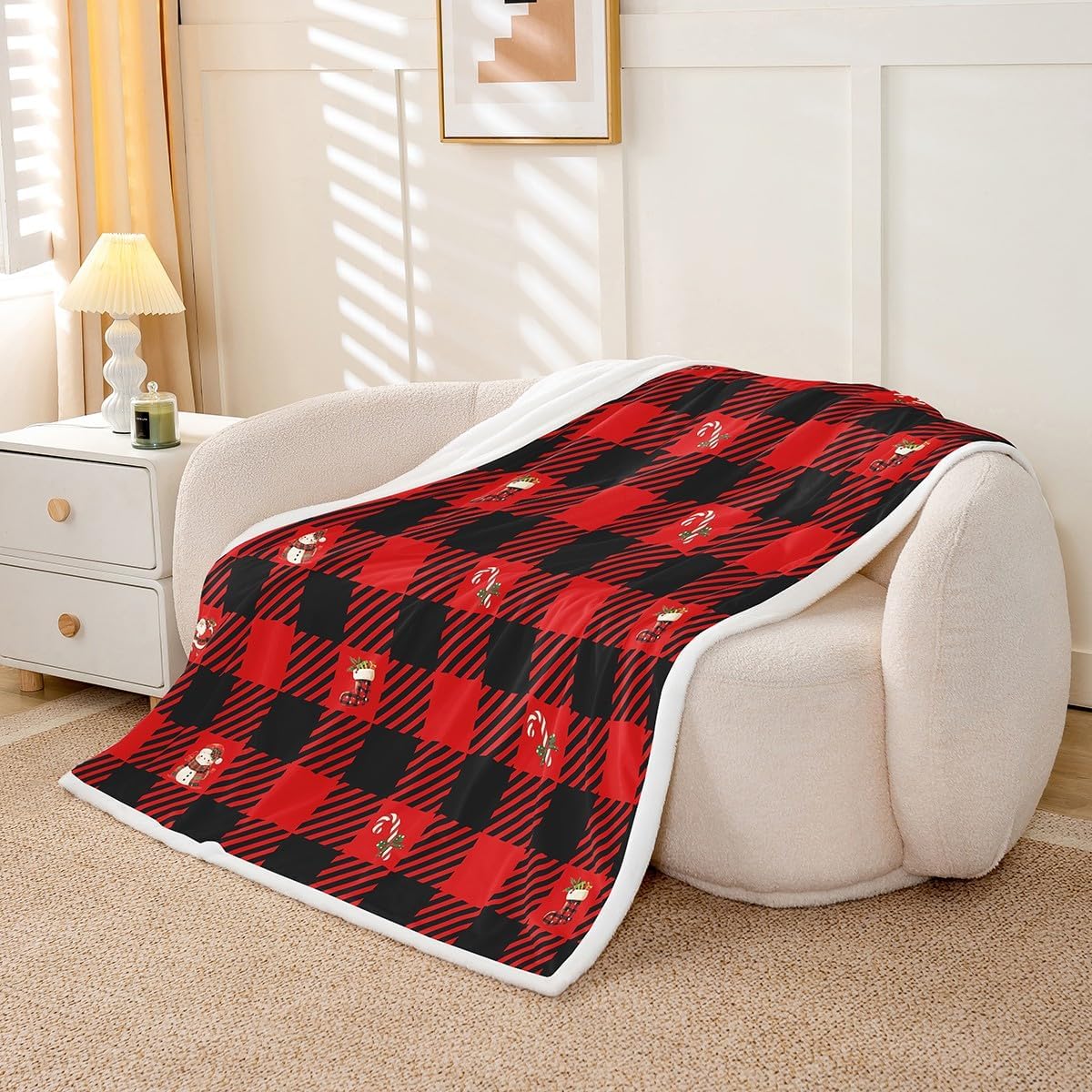 jejeloiu Red Christmas Fleece Throw Blanket Buffalo Check Checkered Xmas Theme Sherpa Blanket Twin 60"x80" for Bed Sofa Couch Kids Boys Girls Teens Socks Plush Blankets Plaid Grid Fuzzy Blanket