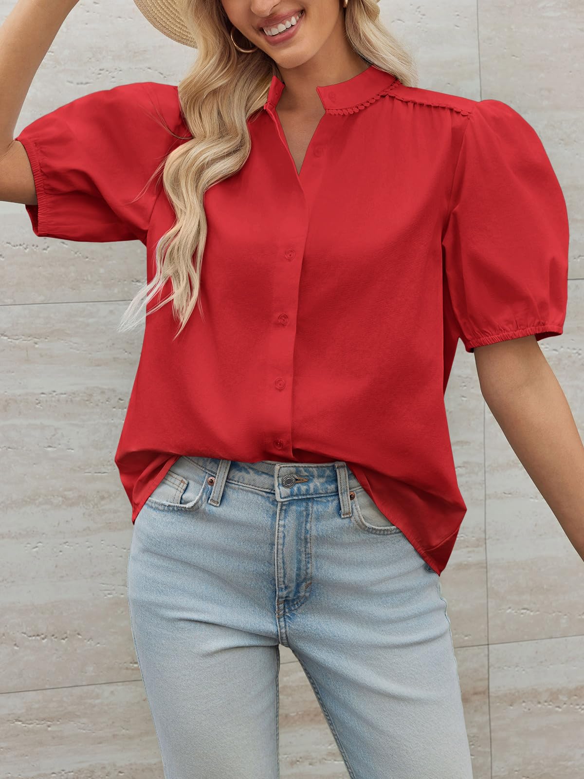 Tankaneo Camicette da donna con maniche a sbuffo e bottoni, in cotone, plissettate, vestibilità larga, estive, eleganti e casual
