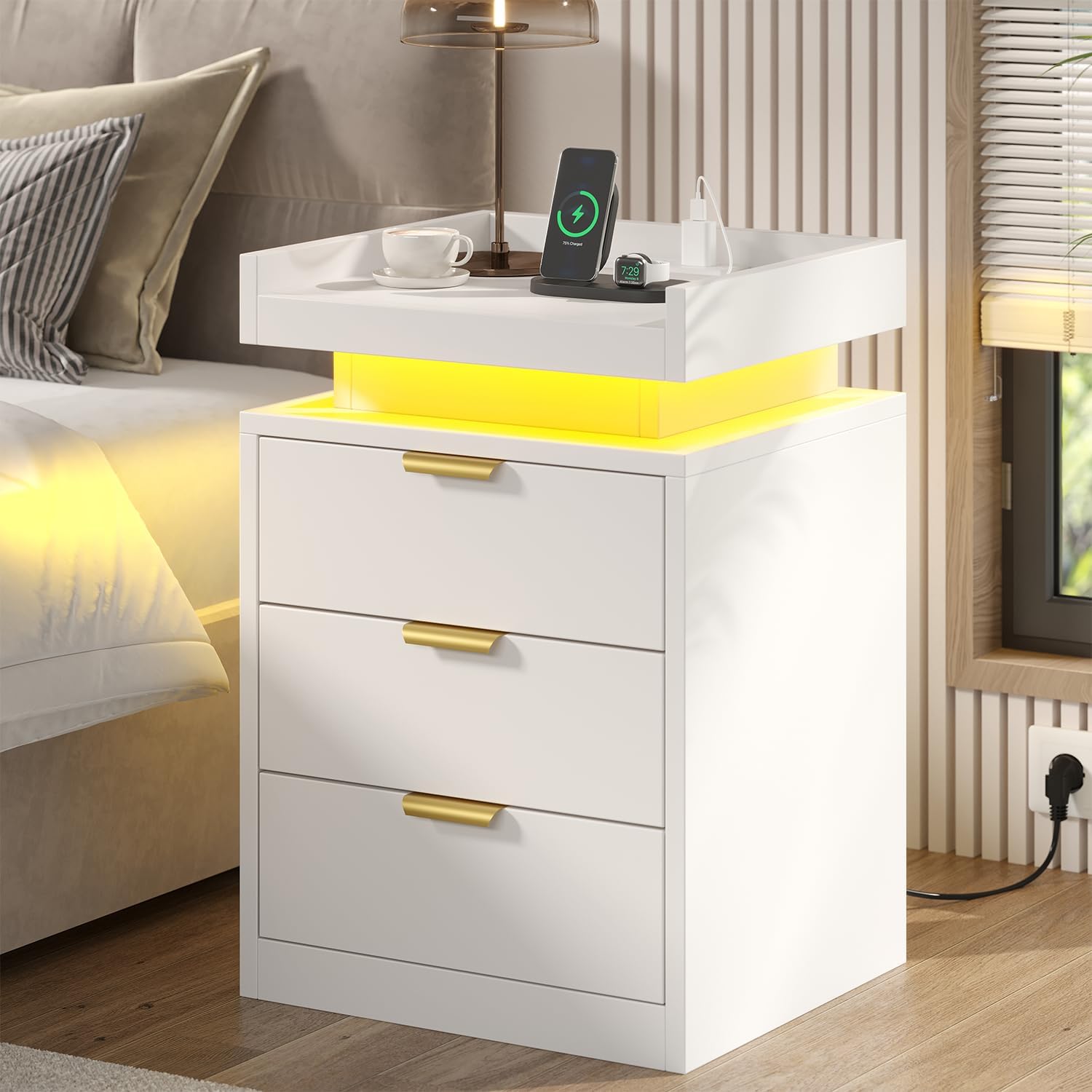 LED Nightstand with Charging Station & USB Ports, 3-Drawer Bedside Table with Adjustable RGB LED Lights, High-Gloss Modern Nightstands for Bedroom, White