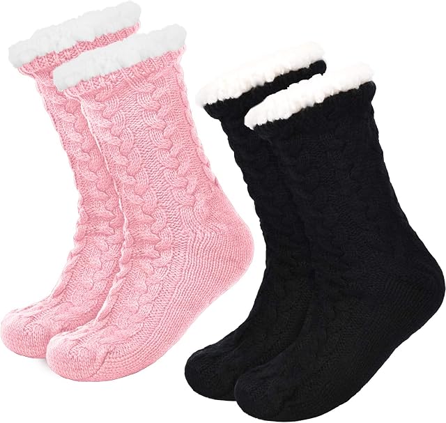 2 Pairs Women's Warm Slipper Socks Christmas Fuzzy Socks Fleece-lined Non Slip Slipper Socks (Black and Pink)