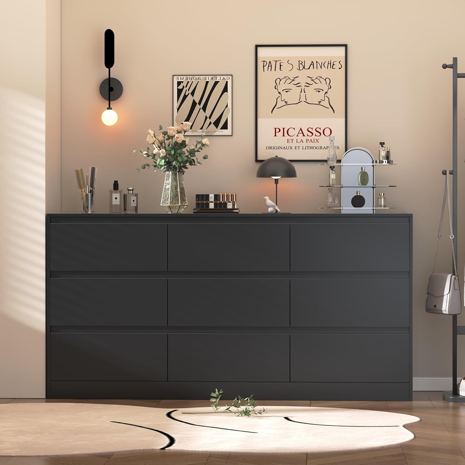 INTERGREAT 9 Drawer Dresser, Large Dresser for Bedroom, Wide Dresser with Deep Drawers, Nursery Dresser for Living Rooms, Corridors and Entrance Halls, Black