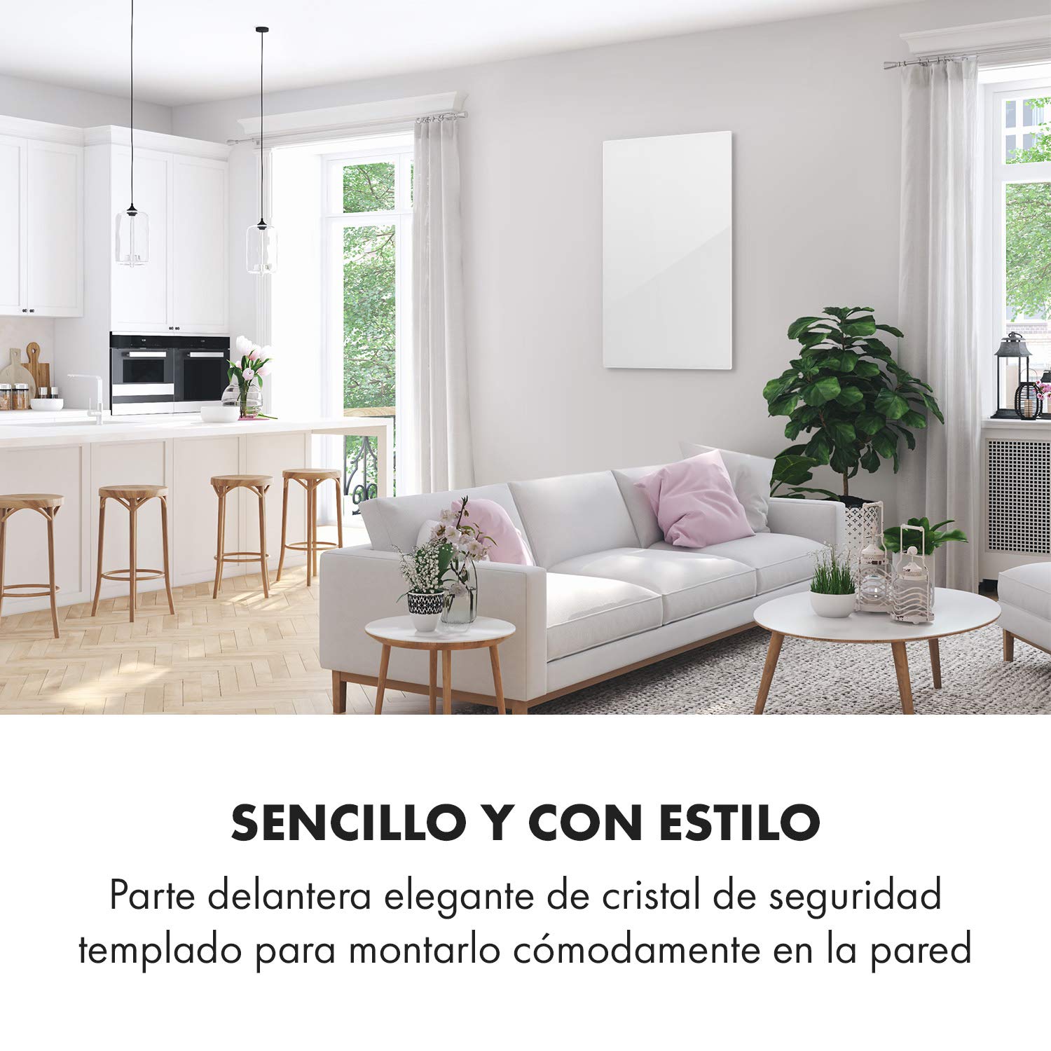 Klarstein Crystal Wall - Calefactor infrarrojo, Potencia 600 W, 12 m², Instalación en la pared, Apagado automático, Termostato, Protección IP54, 100 x 60 cm, Vidrio de seguridad endurecido, Blanco