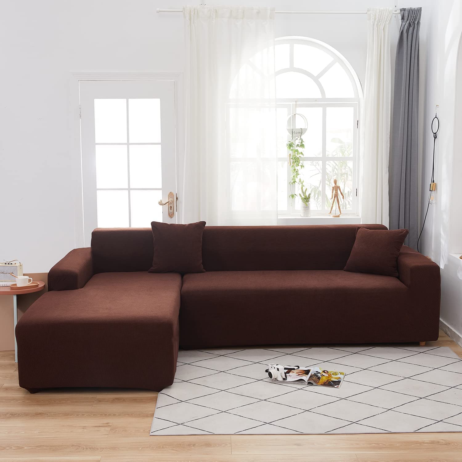 Housse de canapé d'angle extensible polyester 3 et 4 places café foncé