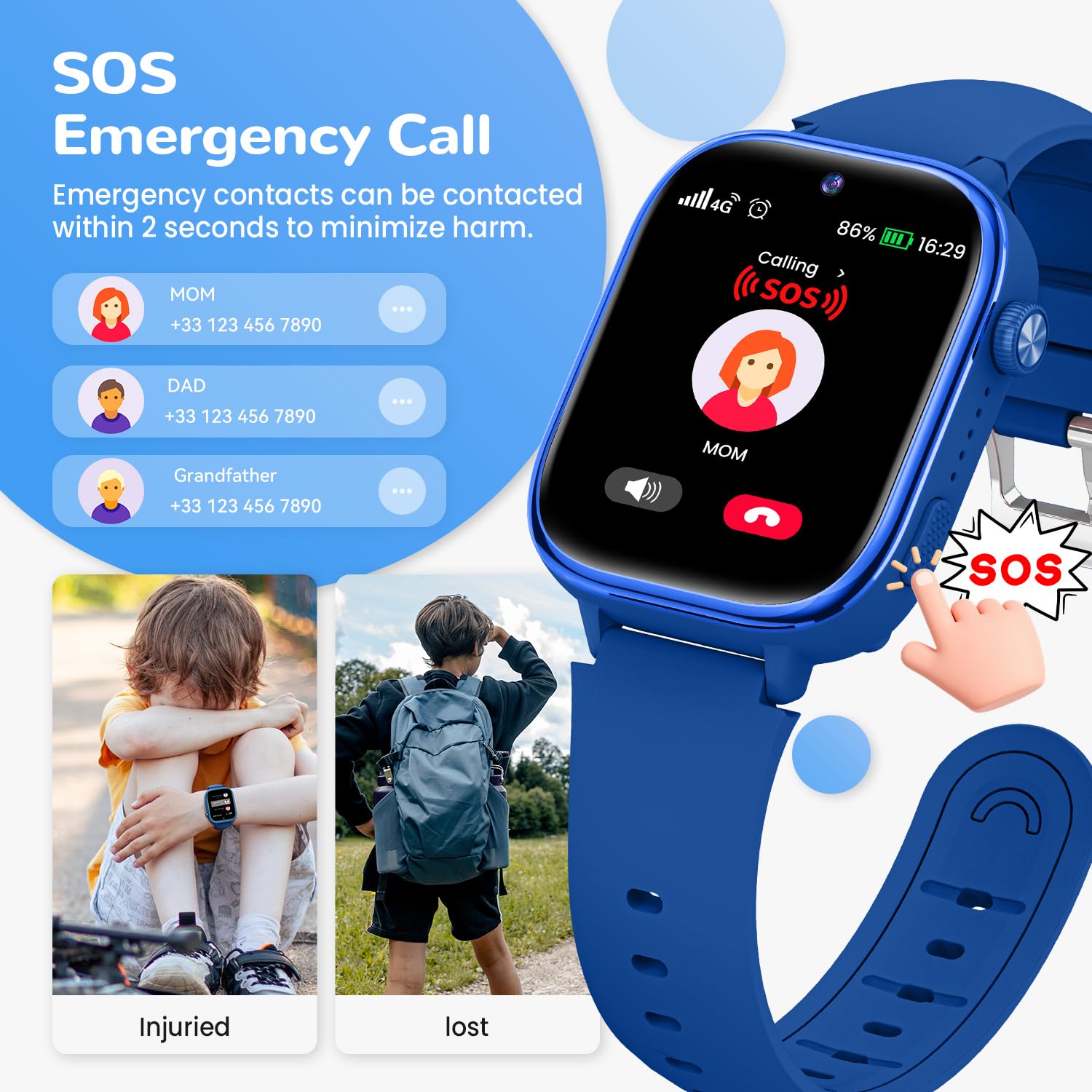 RUXINGX Smartwatch Bambini con GPS, Videochiamate, 4G Orologio Chiamate Blu | Chat Vocale, Funzione SOS, Modalità Scuola, Fotocamera, Sveglia, Contapassi Impermeabile IP68 per Ragazzi Ragazze Blu